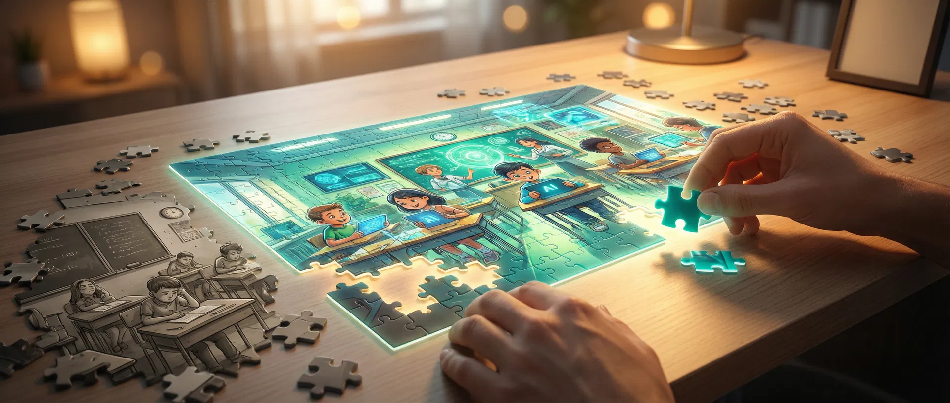 A jigsaw puzzle being assembled — traditional classroom vs futuristic AI school