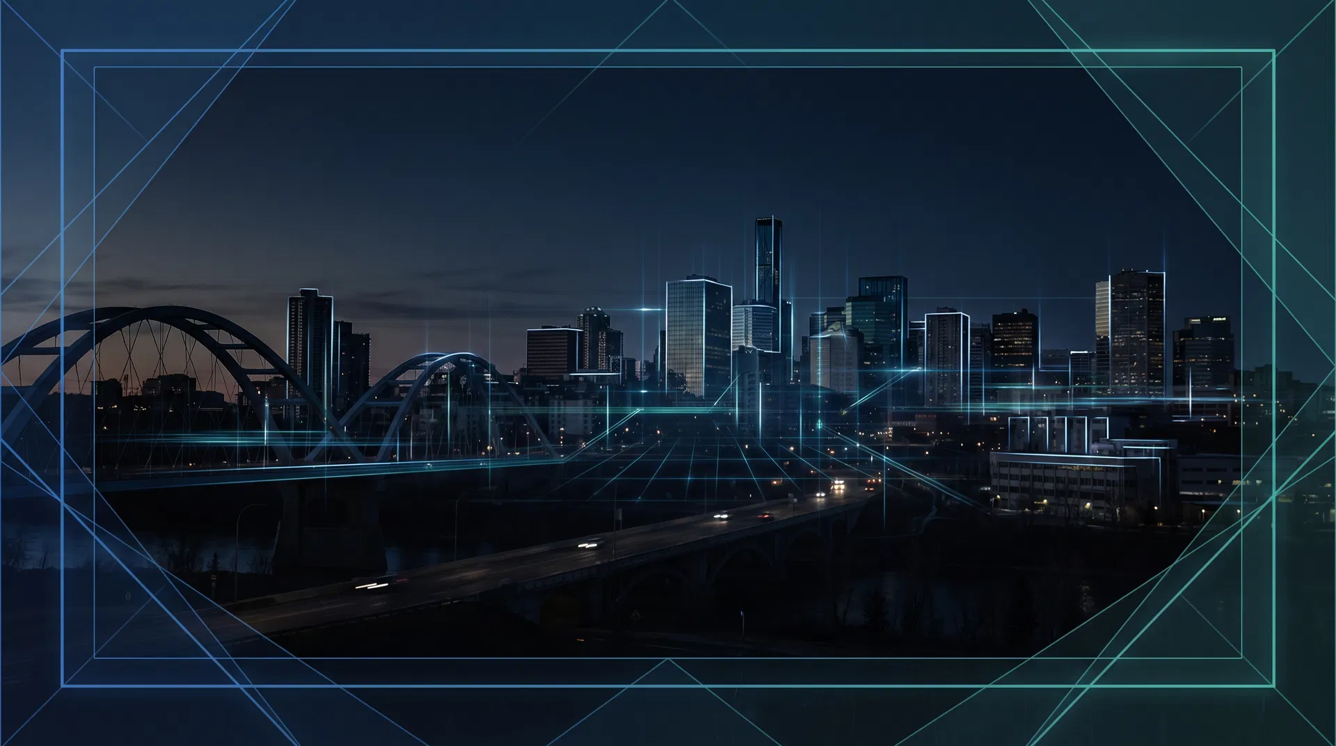 Modern skyline with digital overlays representing AI-enabled operational infrastructure