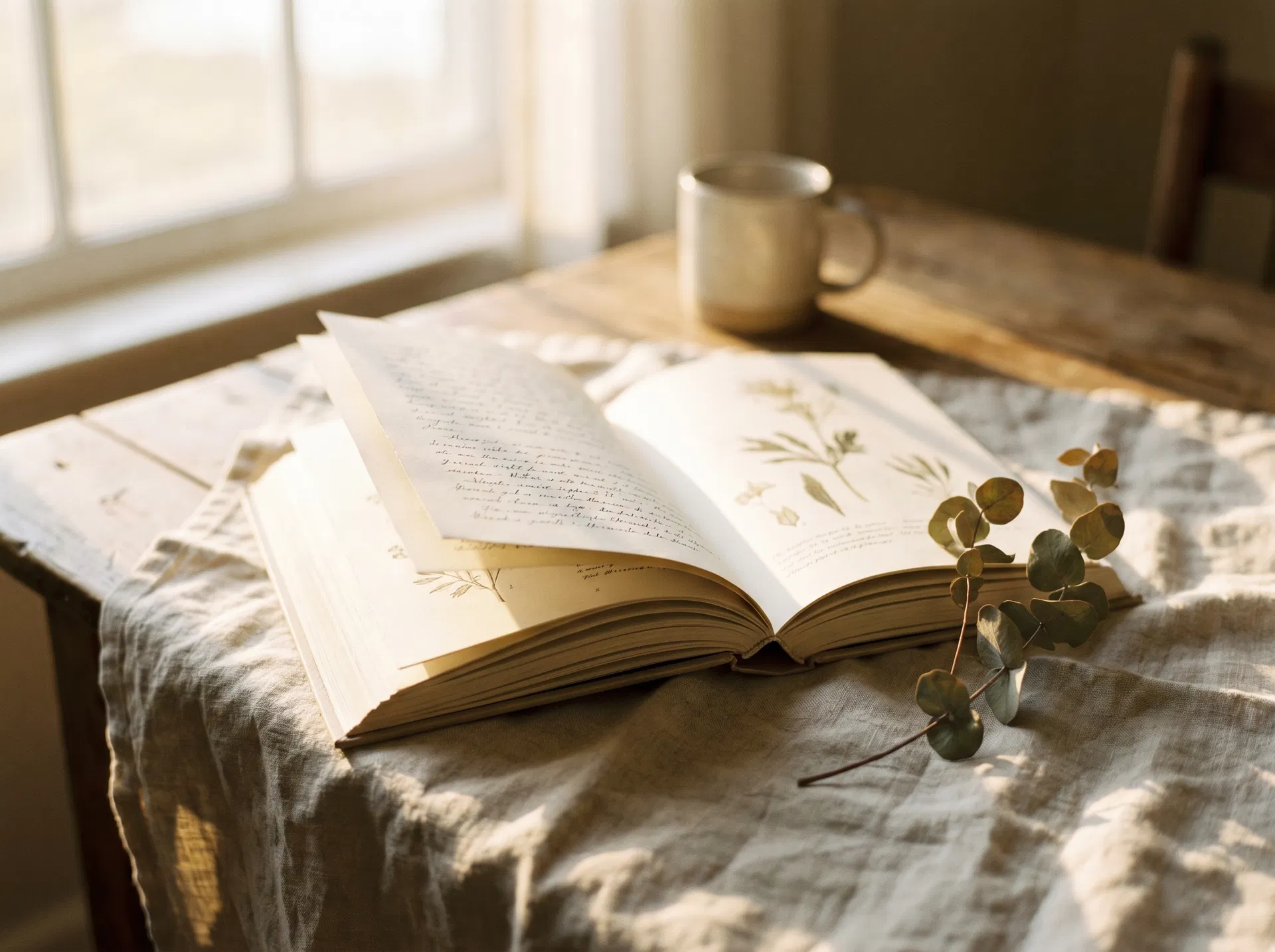 Open book on linen cloth with eucalyptus