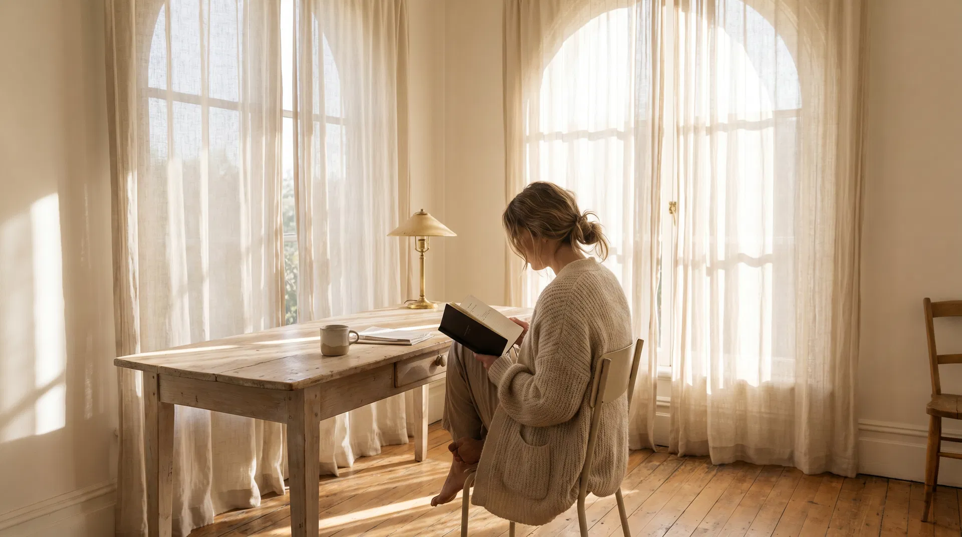 Woman reading in a sunlit room