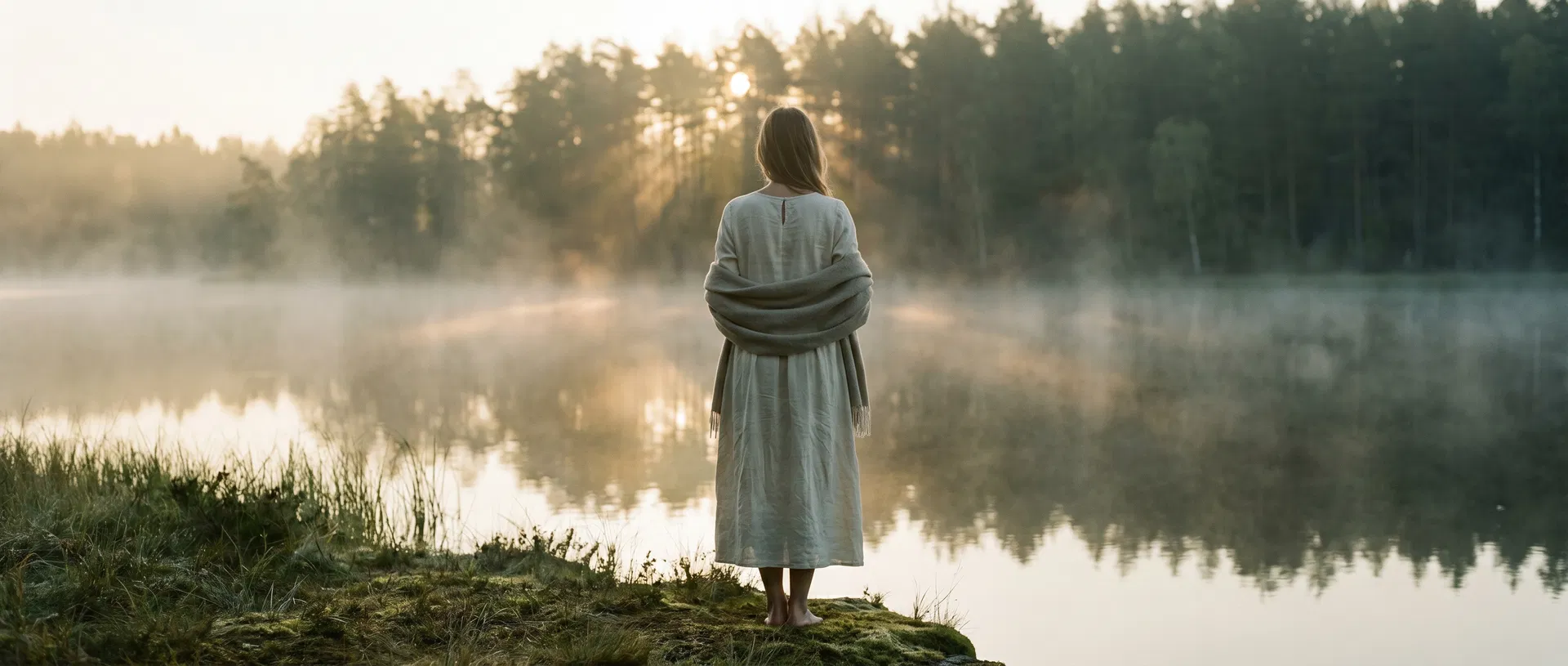 Woman standing at the edge of a still lake at dawn