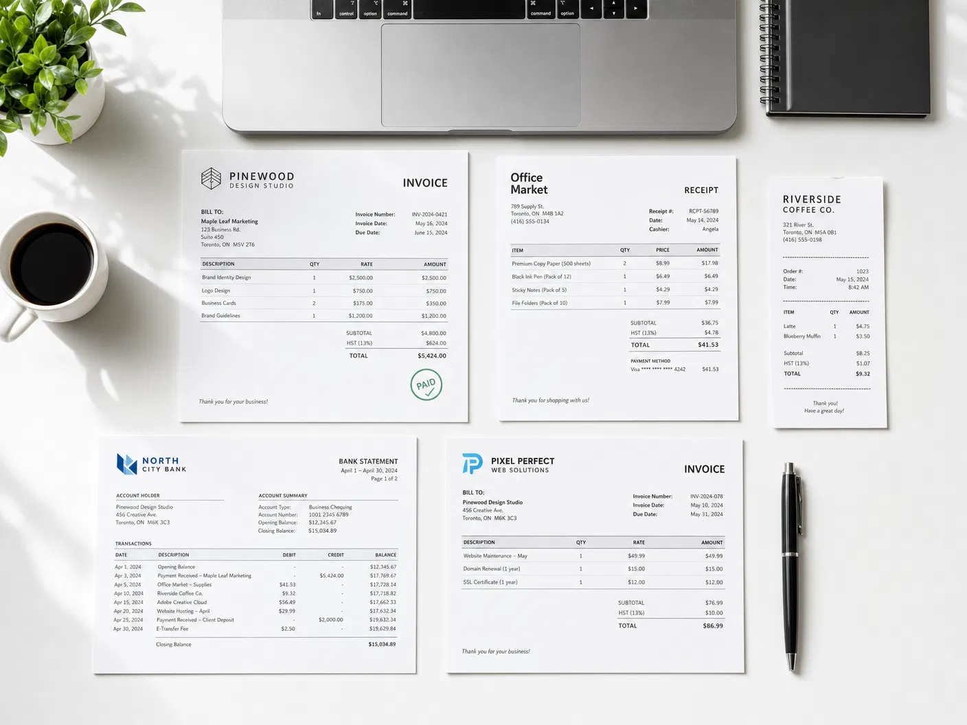 Business documents, invoices and receipts organized on a desk