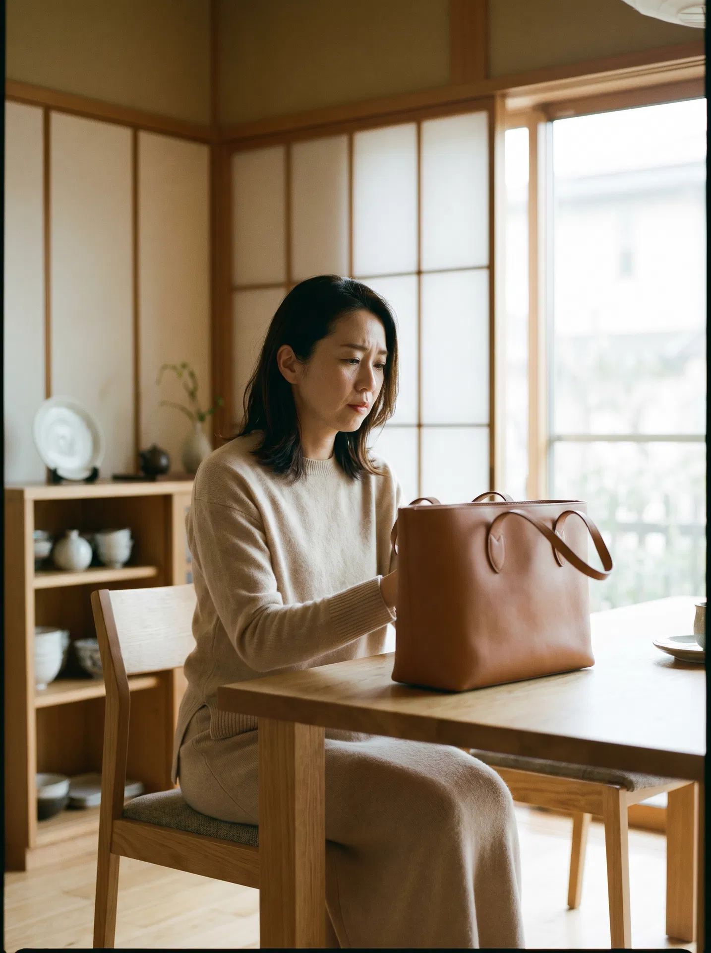 ブランドバッグを前に悩む女性