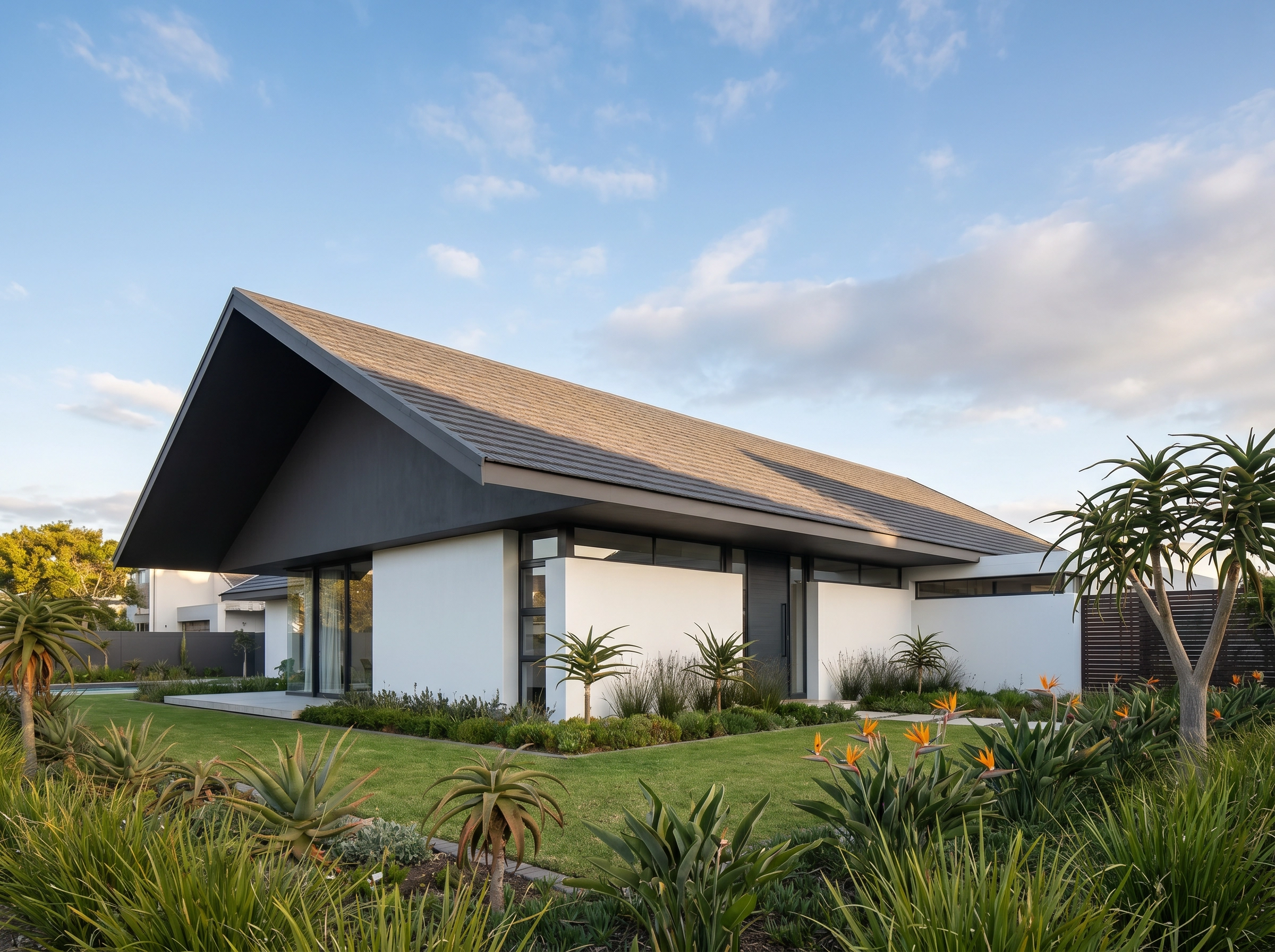 Modern South African home with charcoal roof and white exterior walls