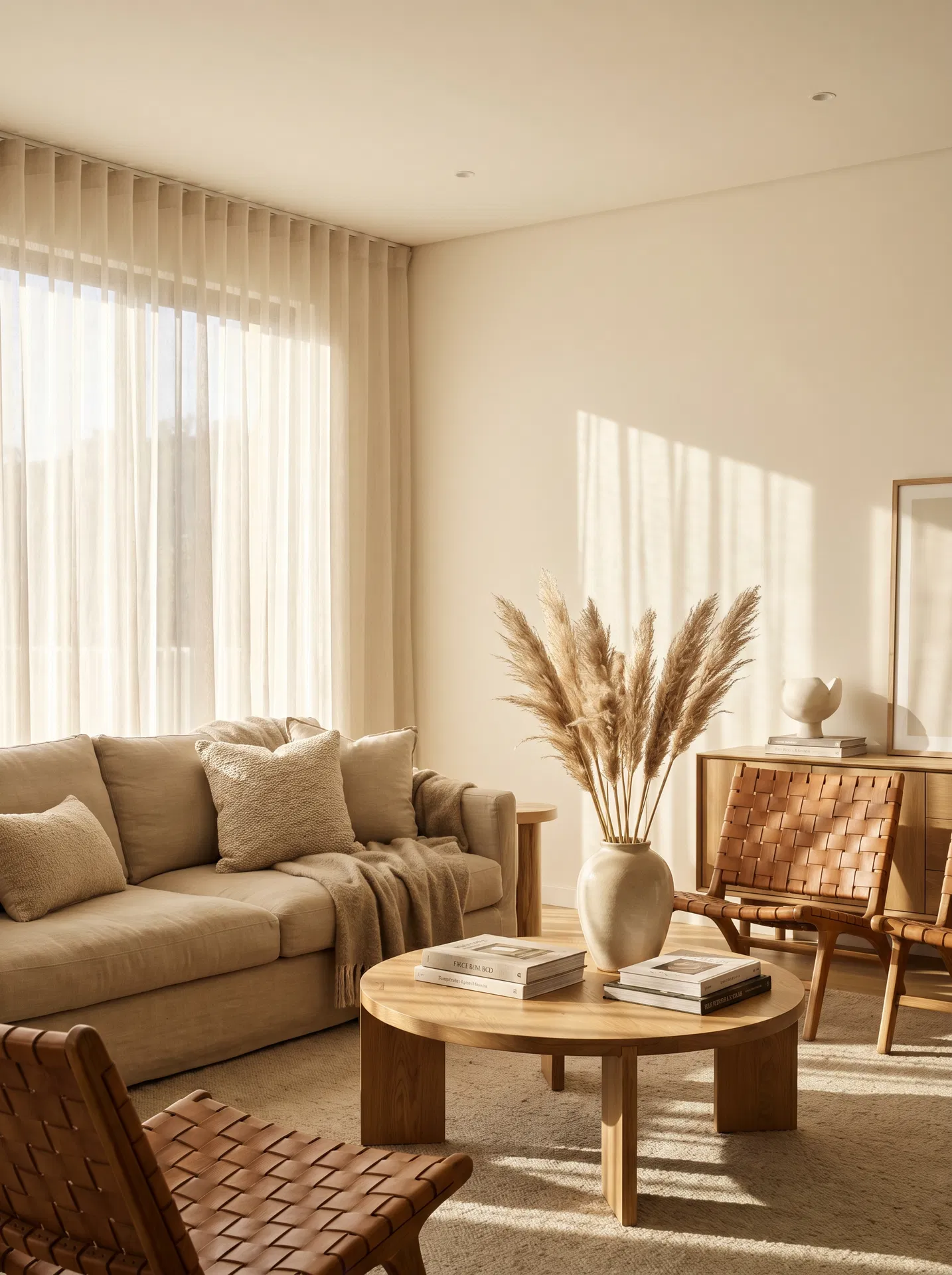 Cloud Veil living room with marble coffee table and abstract artwork