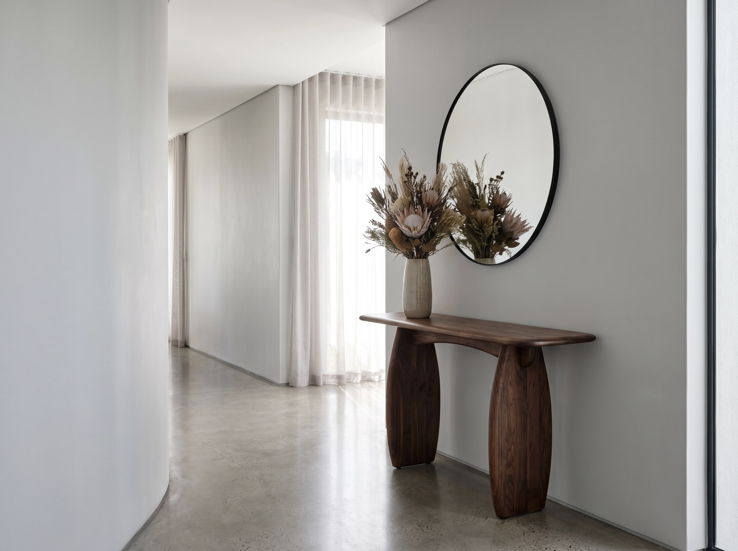 Gallery Grey hallway with sculptural console and circular mirror