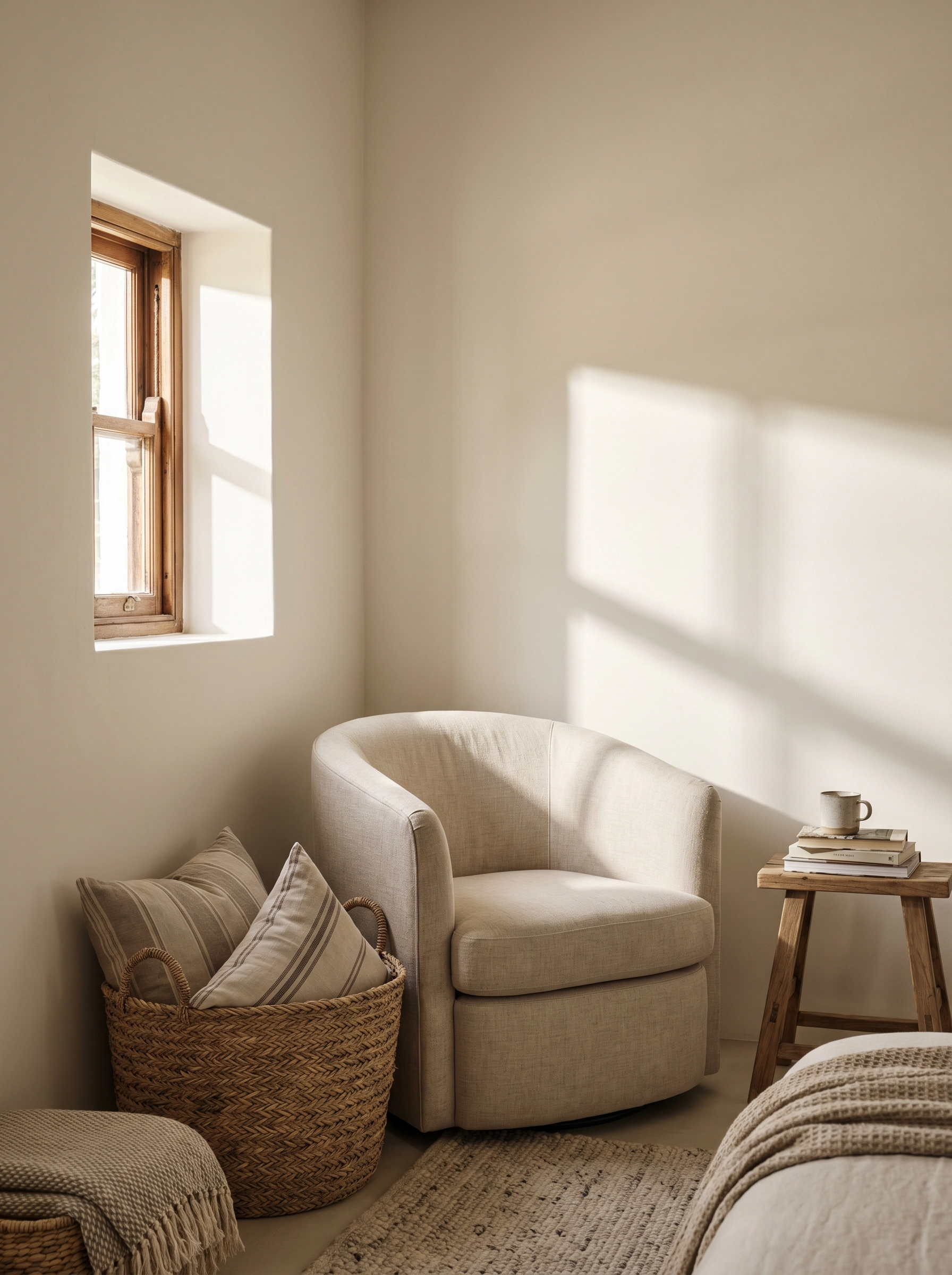 Ivory Wall reading nook with warm morning light