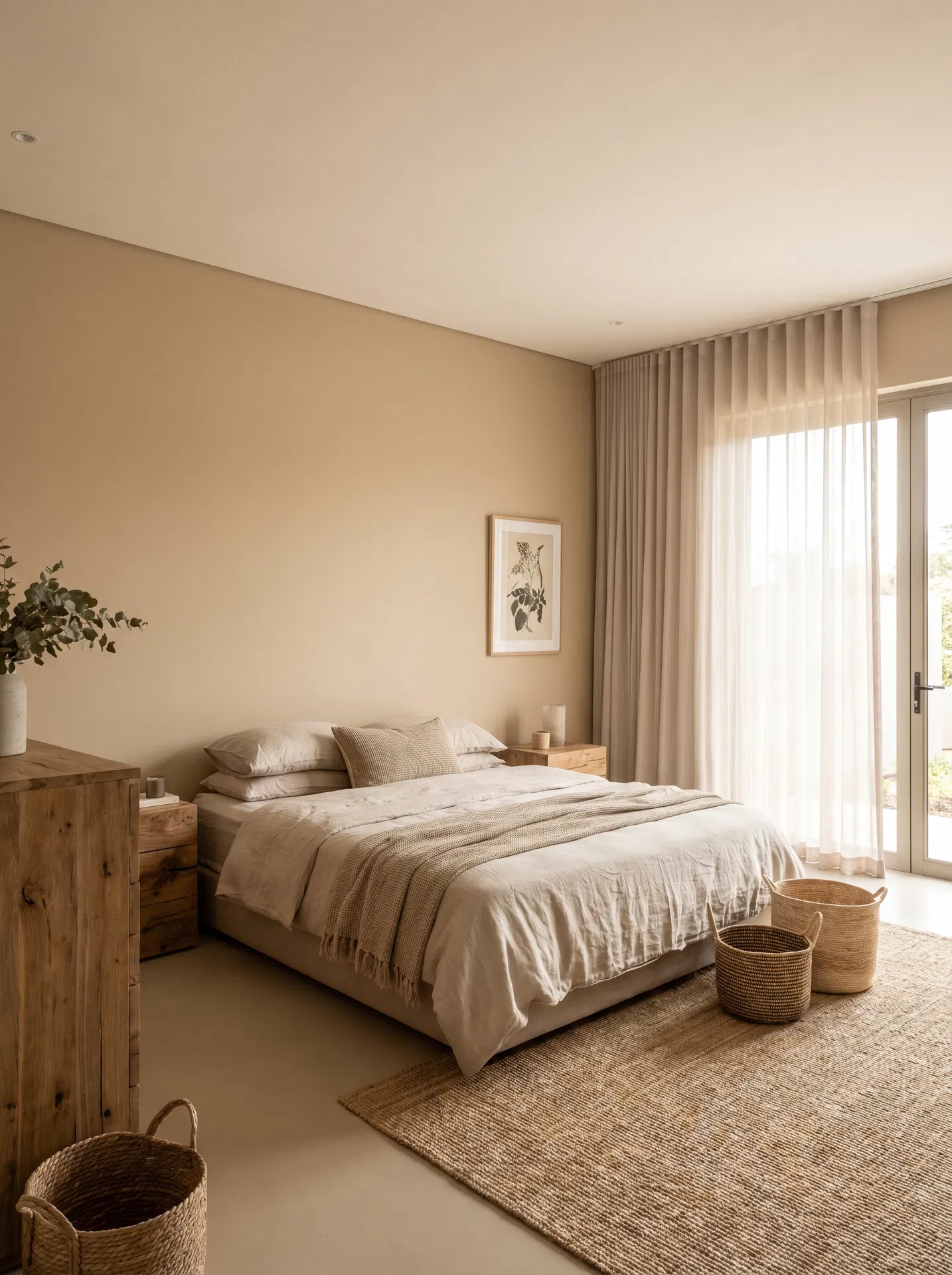 Linen Drift master bedroom with low platform bed and protea