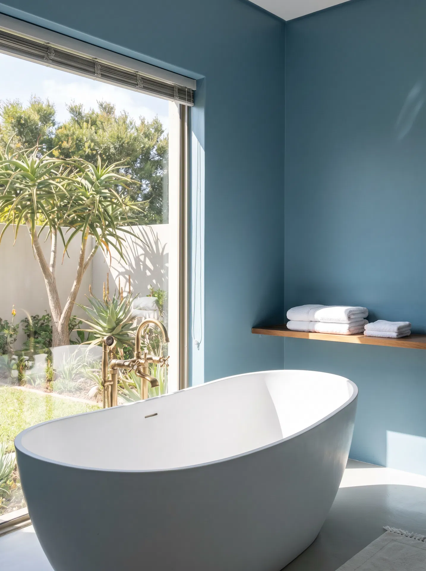 Mineral Blue bathroom with freestanding basin and brass taps