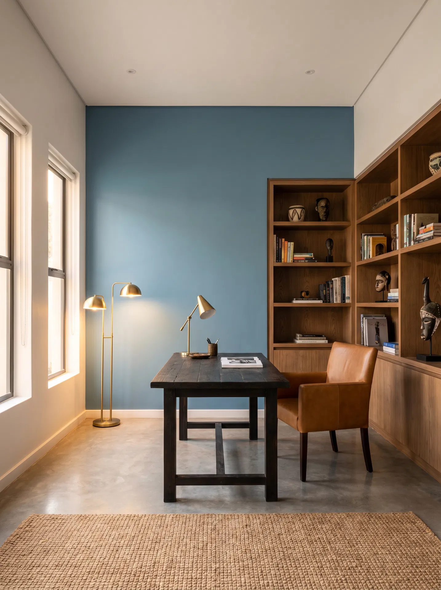 Mineral Blue feature wall in a home study with leather chair