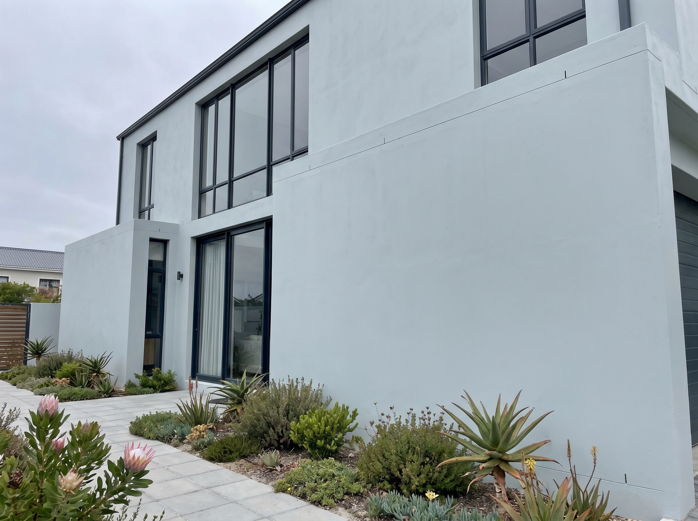 Misty Grey modern South African home exterior with indigenous garden