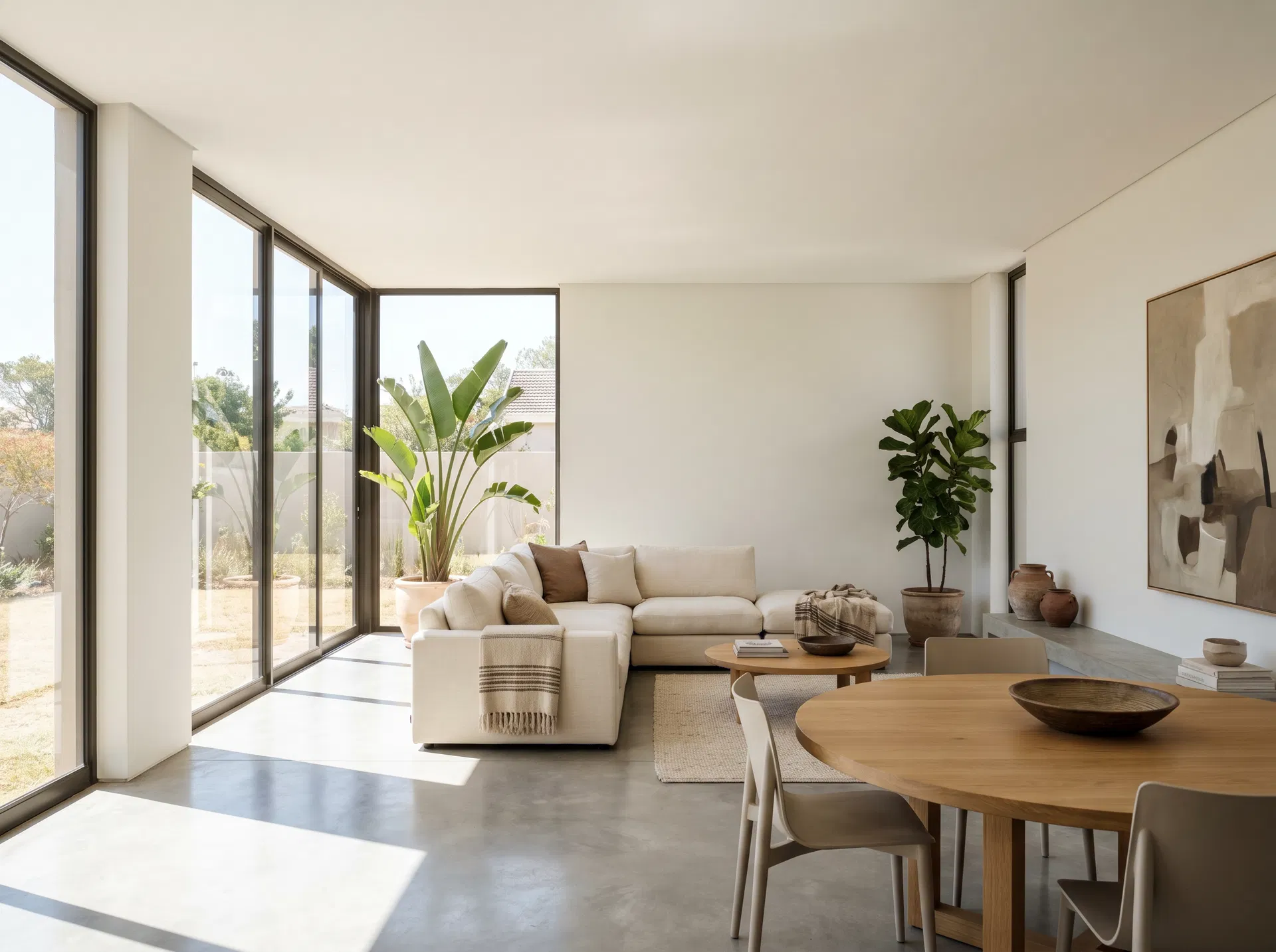 Plaster White open-plan living with exposed wooden beams