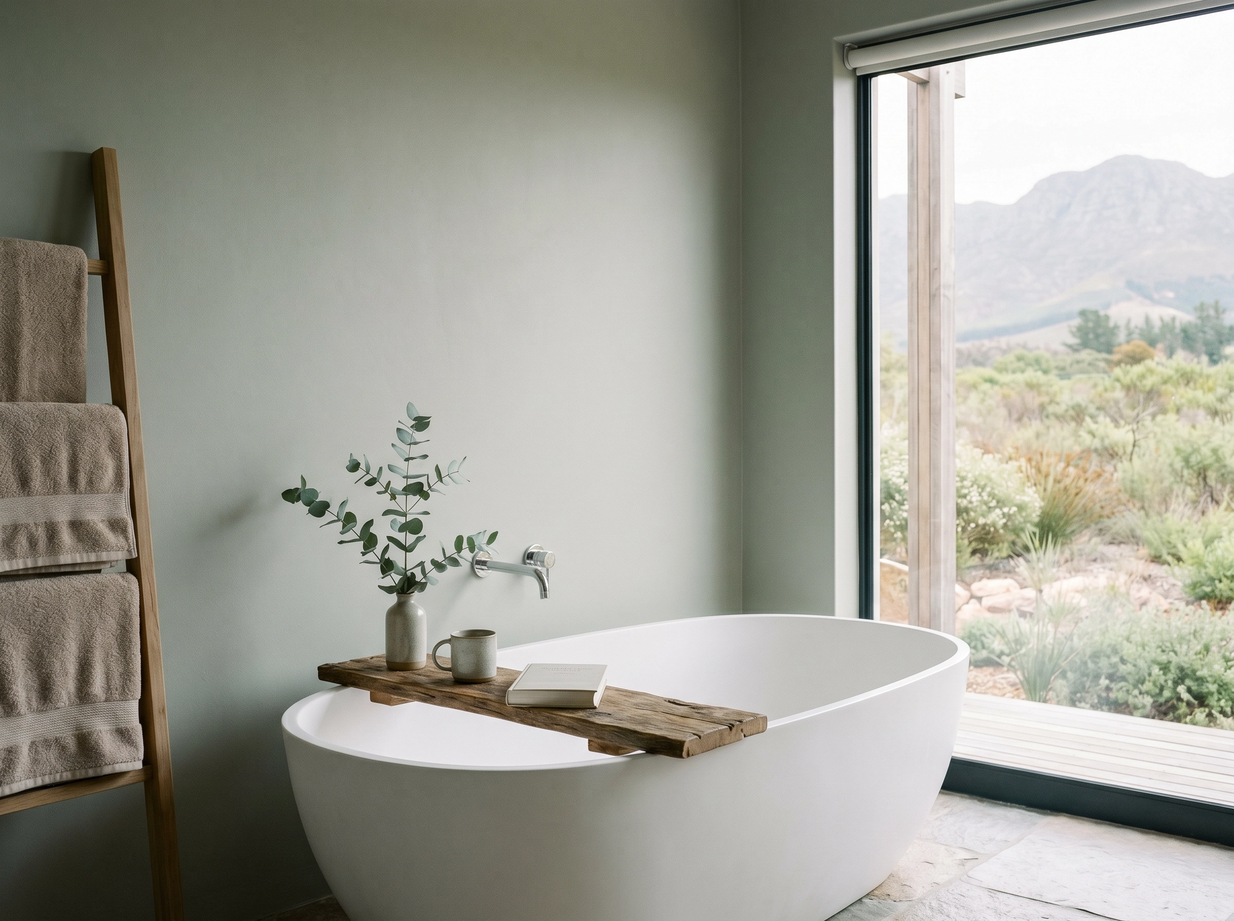 Sage Studio bathroom with freestanding tub and mountain view