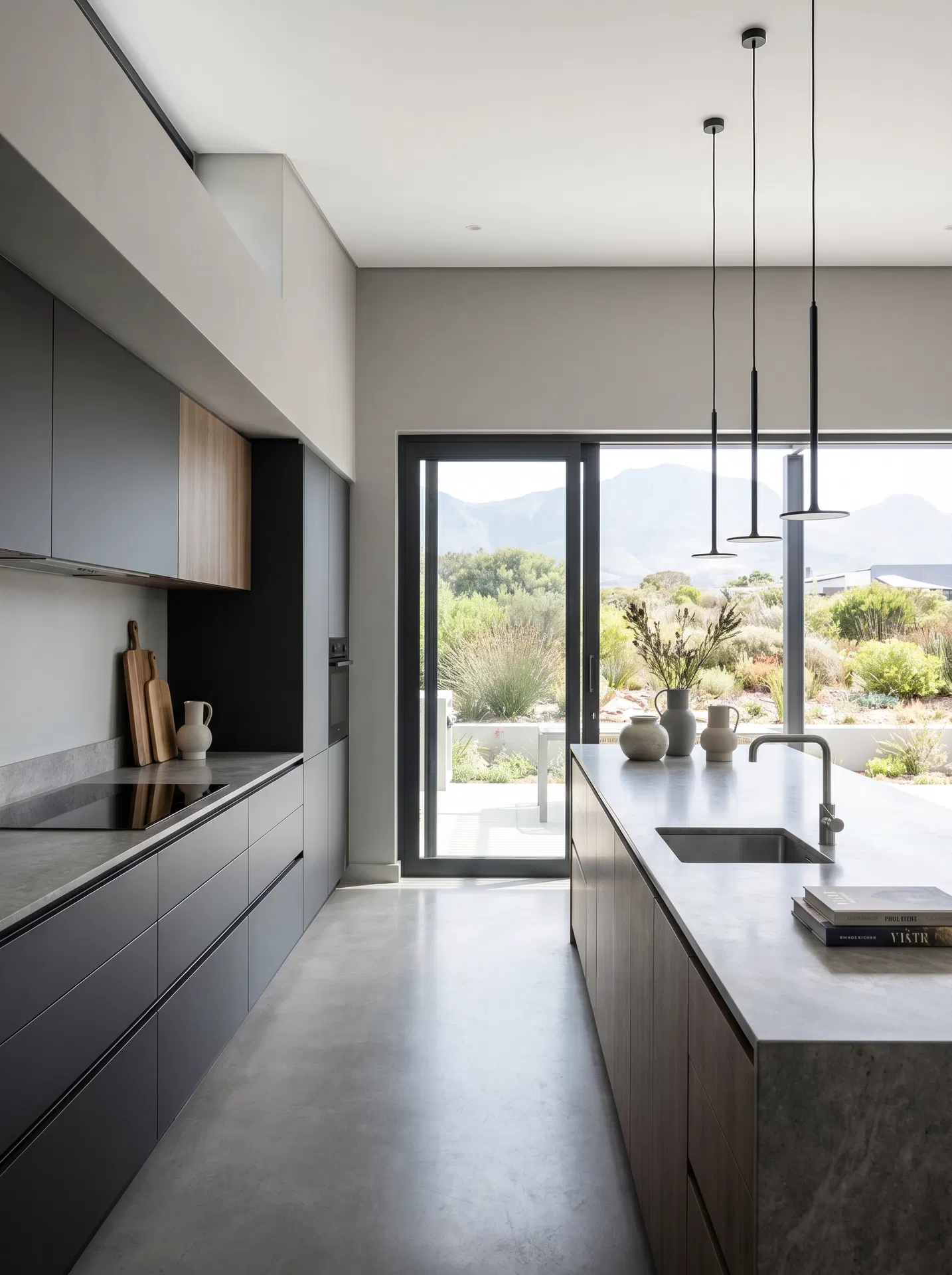 Soft Concrete kitchen with marble island and black steel windows