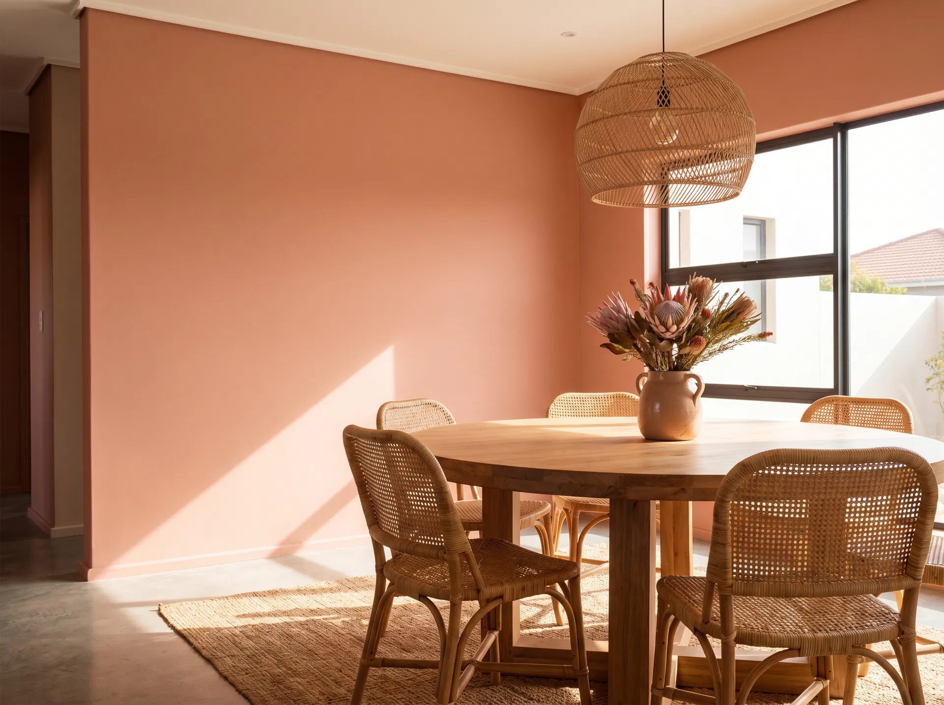 Terracotta Blush dining room with rattan pendants and dried proteas