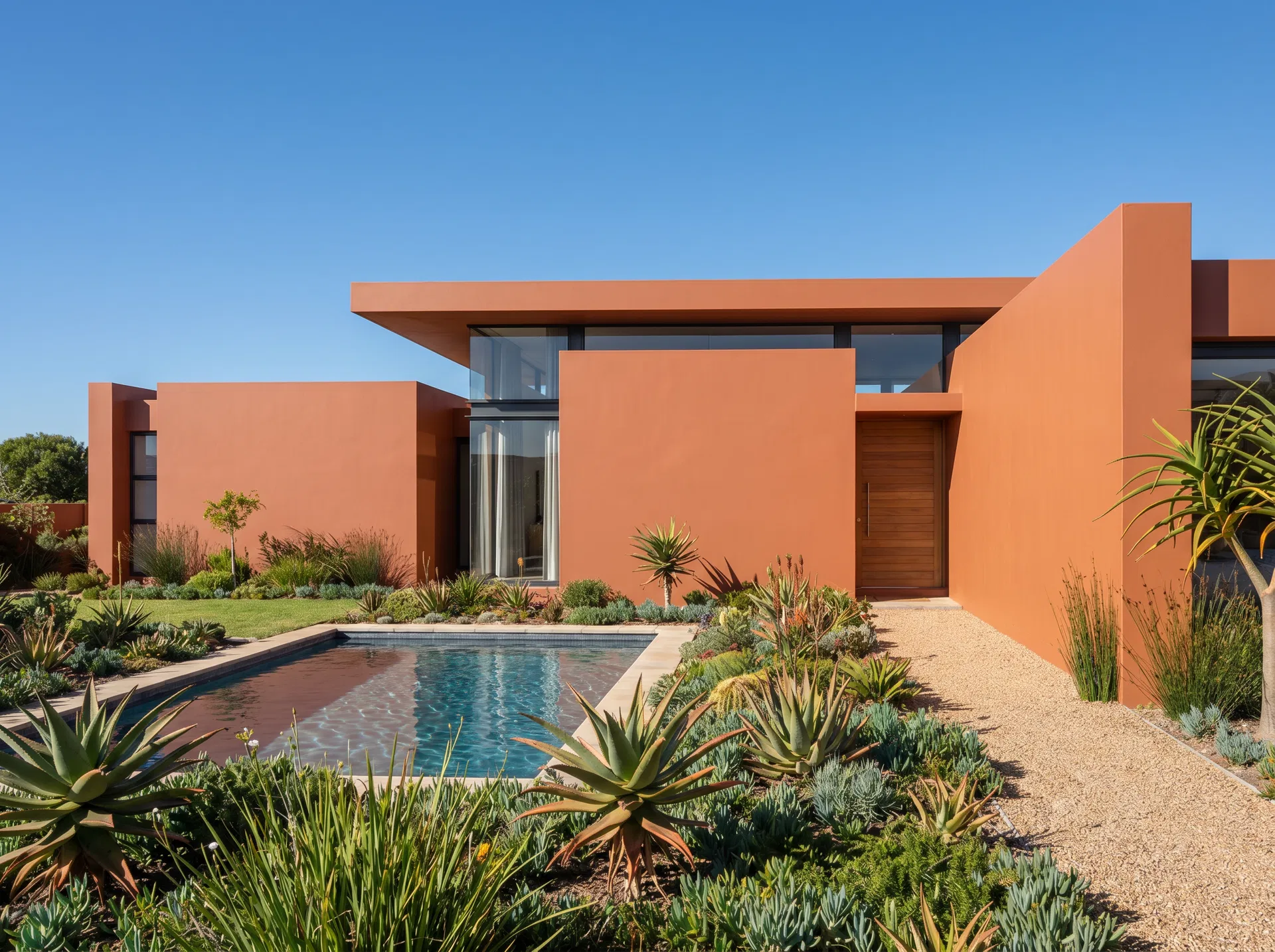 Terracotta boundary wall with indigenous garden at golden hour