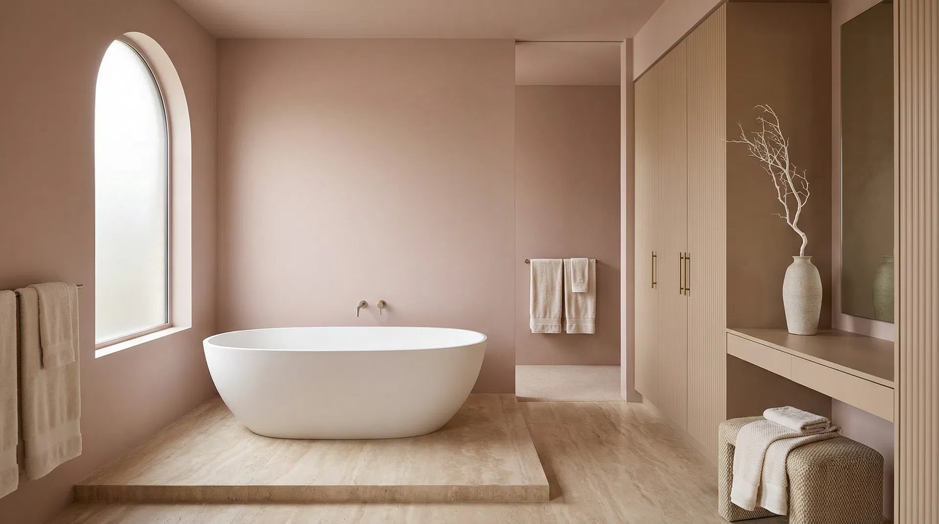 Serene luxury bathroom with dusty blush-pink matte walls and freestanding bath