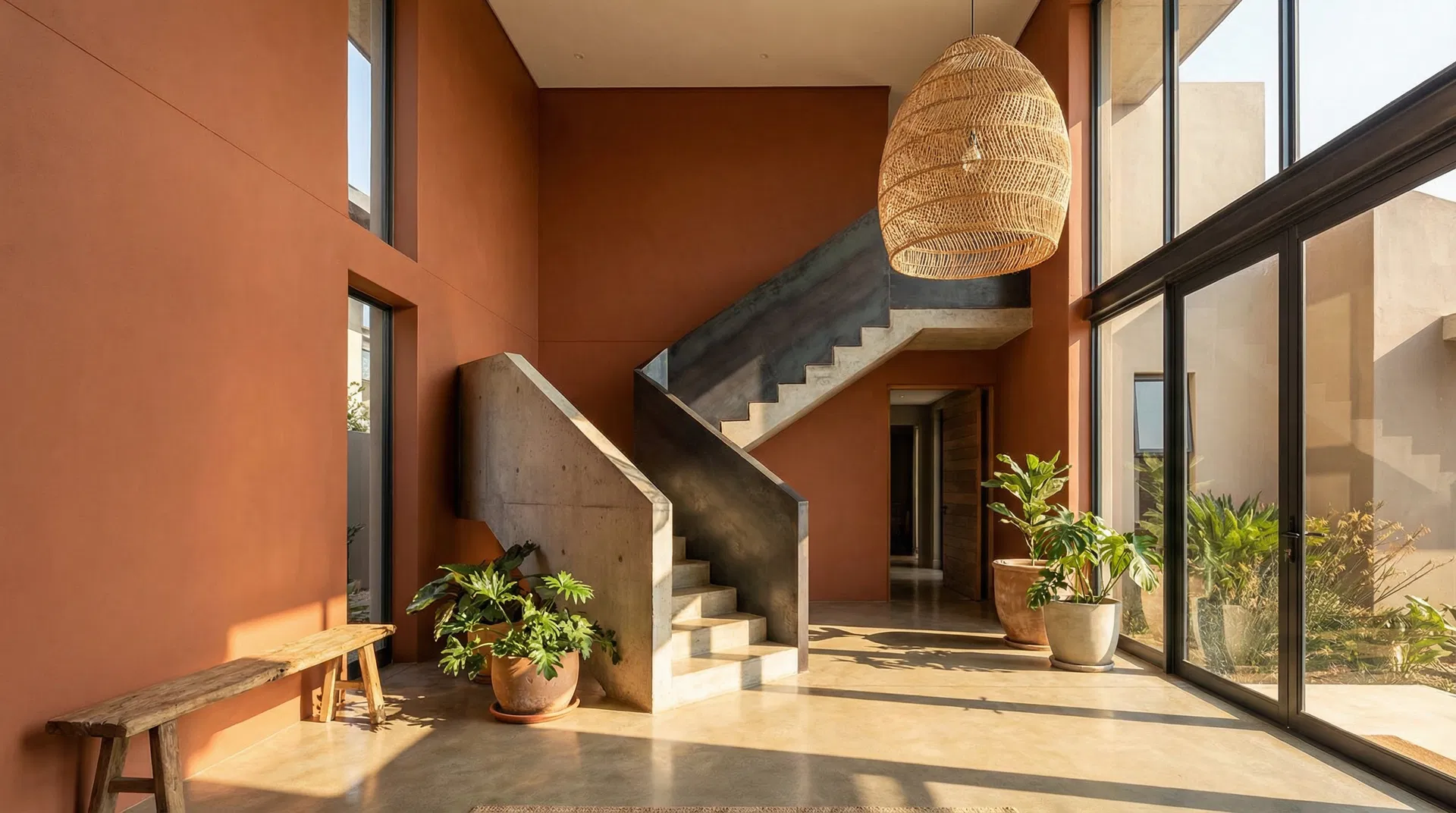 Grand terracotta foyer with floating concrete staircase and woven pendant light