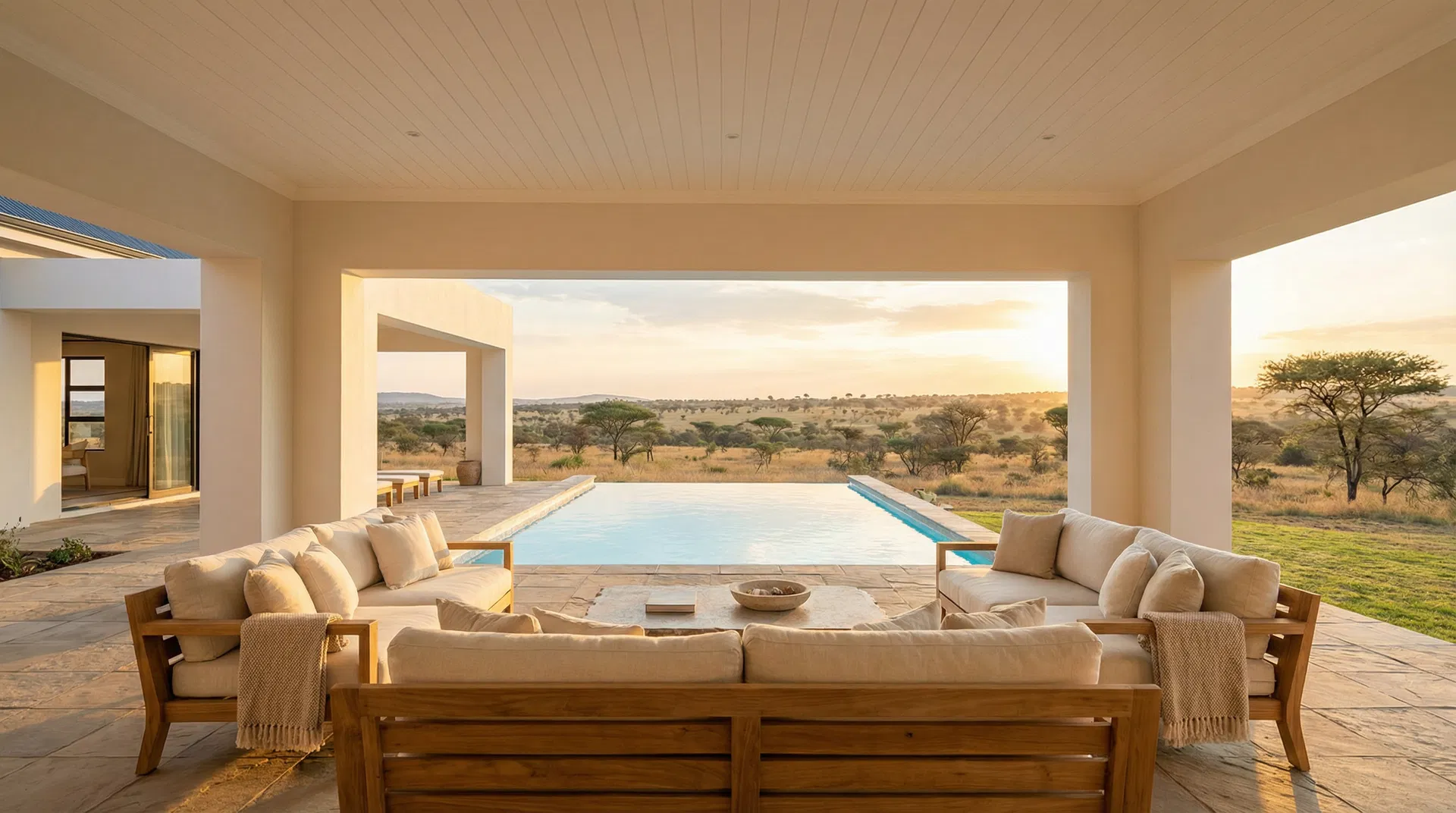 Luxury alfresco living area with crisp white exterior walls overlooking African savanna at golden hour