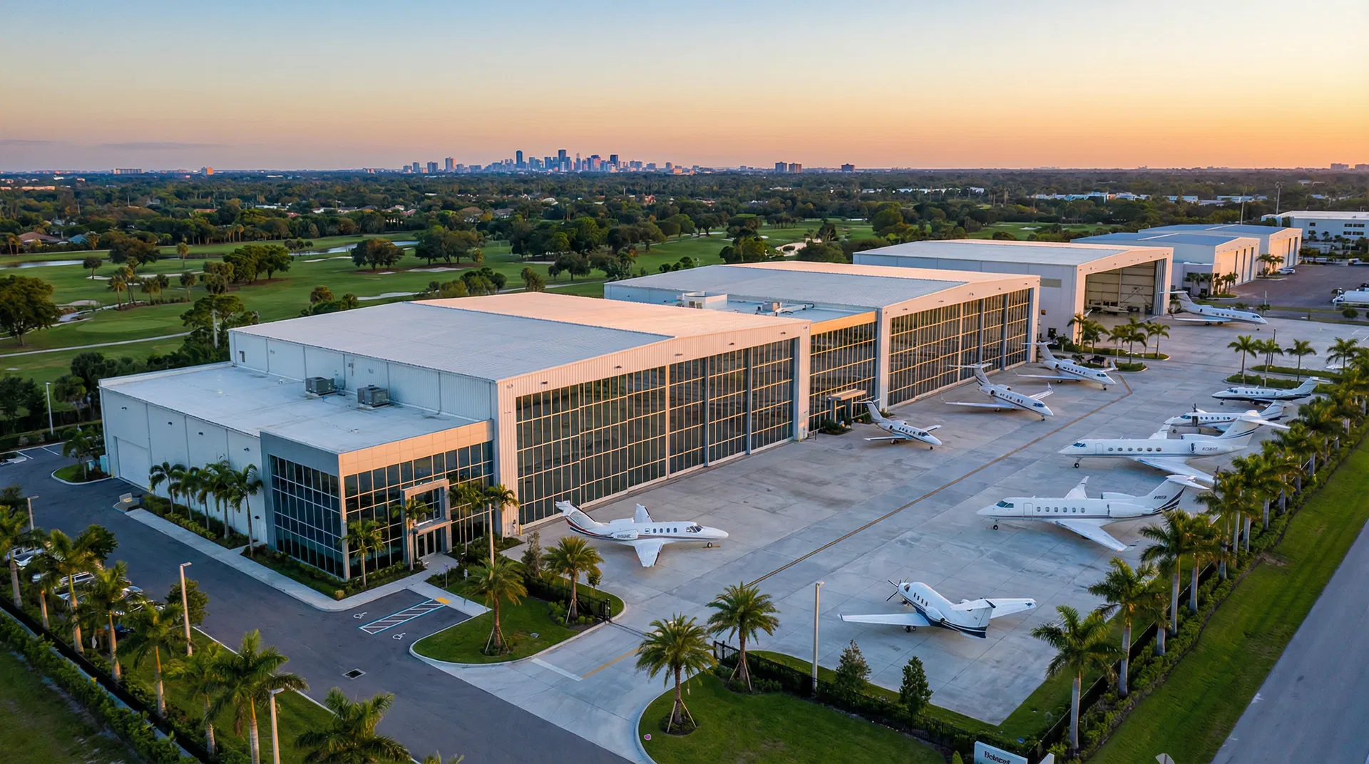 Luxury private aviation hangar facility at golden hour with jets on the ramp