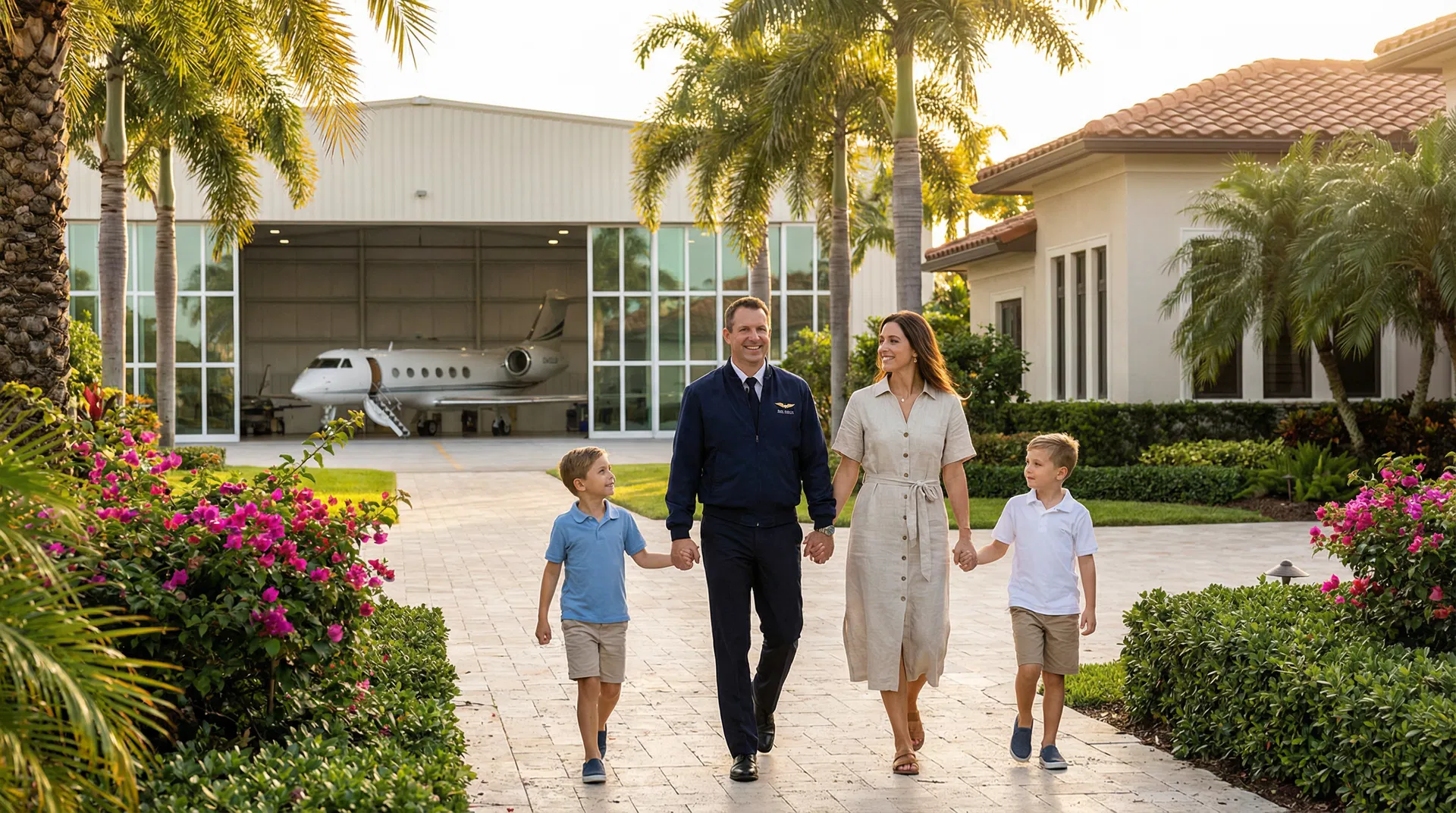 Pilot family walking from their private hangar to their luxury home in Florida