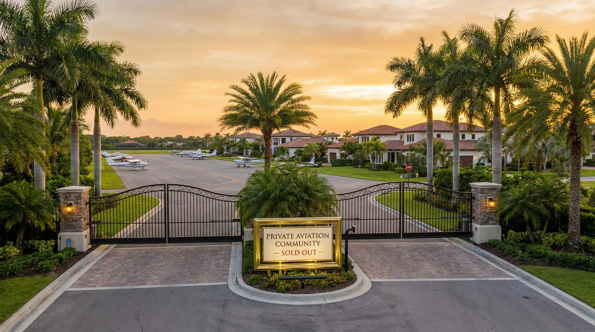 Private aviation community entrance gates with aircraft visible on the taxiway at sunset