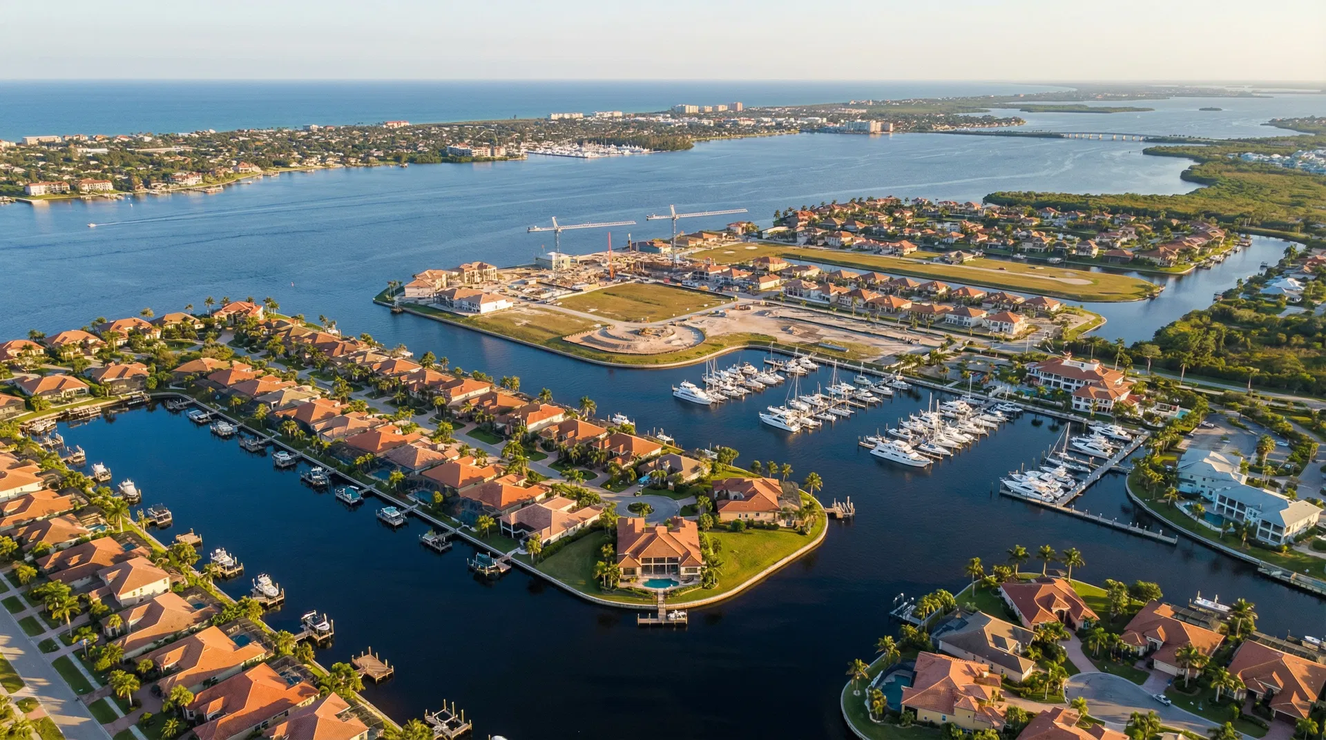 Aerial view of Southwest Florida coastal development with Charlotte Harbor and Gulf of Mexico