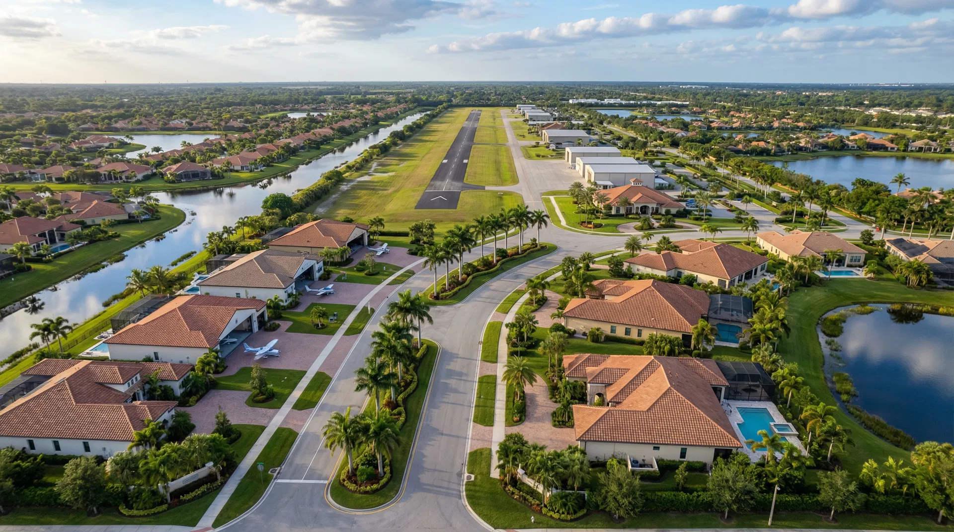 Aerial view of a luxury Florida fly-in residential community with private runway
