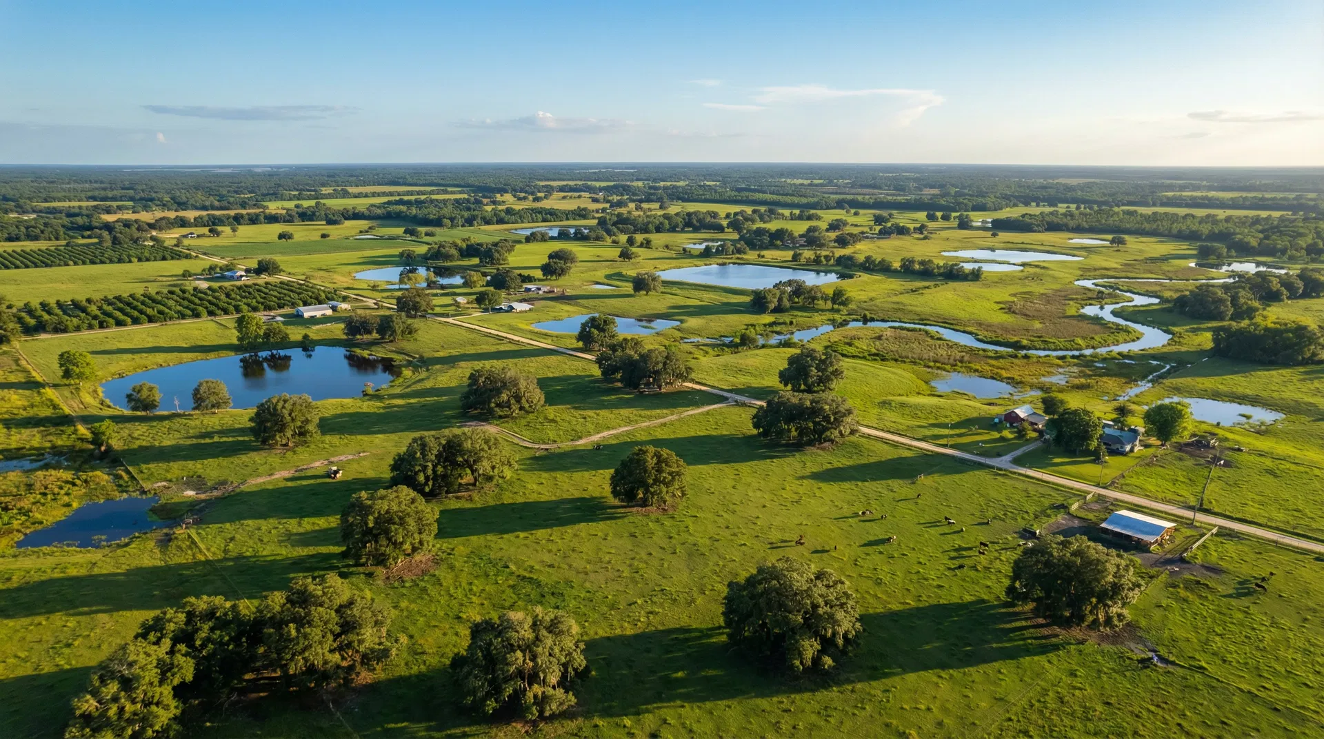 Aerial view of DeSoto County Florida landscape with lakes and green fields