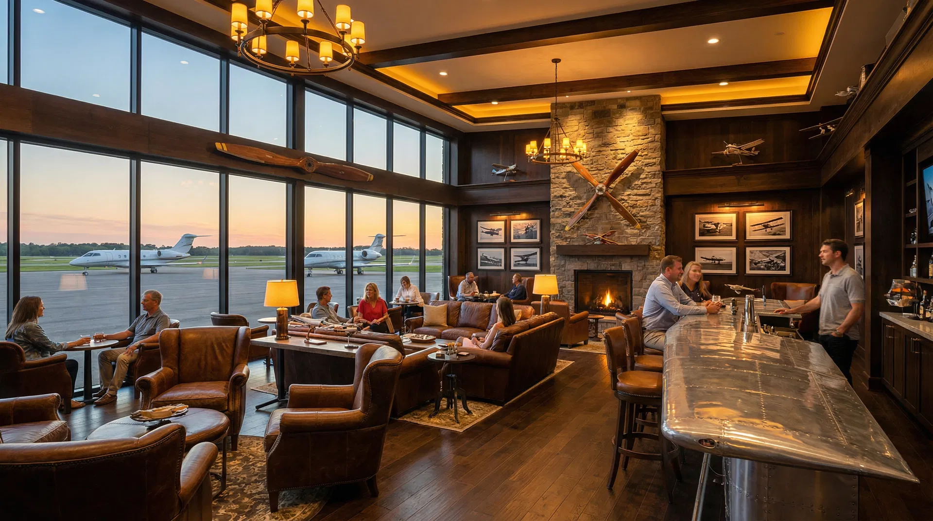 Luxury aviation community pilot lounge with floor-to-ceiling windows overlooking a private runway