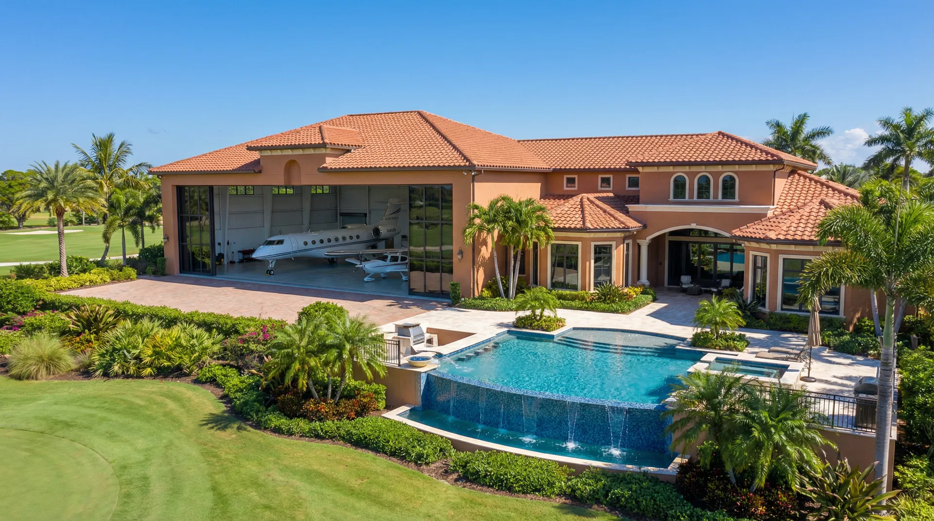 Luxury hangar home with attached aircraft hangar, pool, and tropical landscaping in Florida