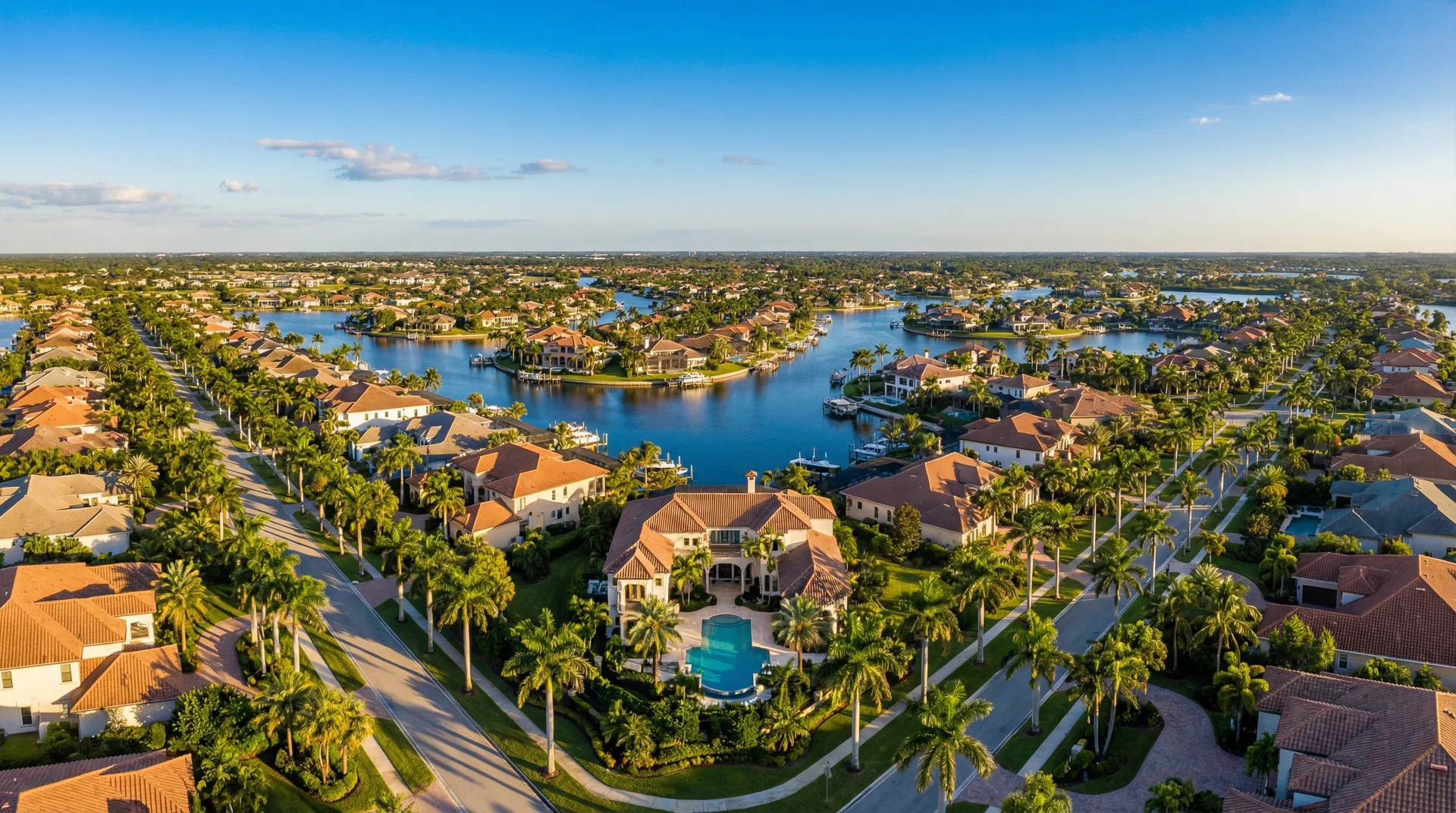 Aerial view of Southwest Florida luxury real estate development with waterways
