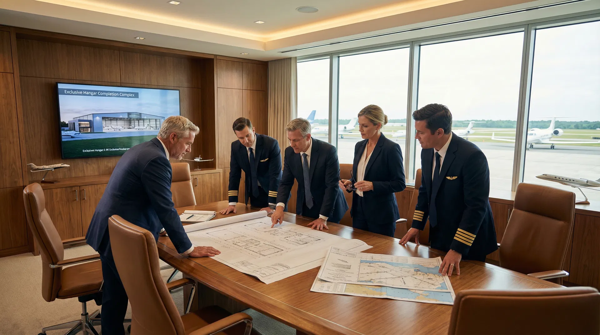 Aviation investors and pilots reviewing architectural plans for a luxury fly-in community