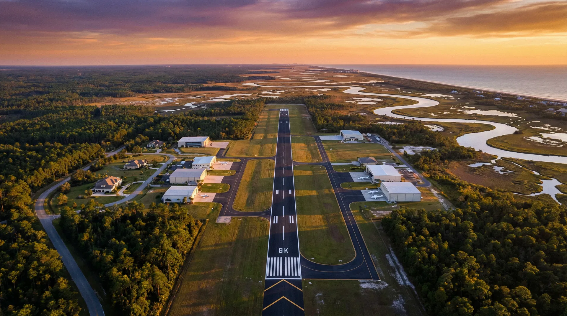 Aerial view looking down a pristine private runway at sunset with hangar sites on both sides