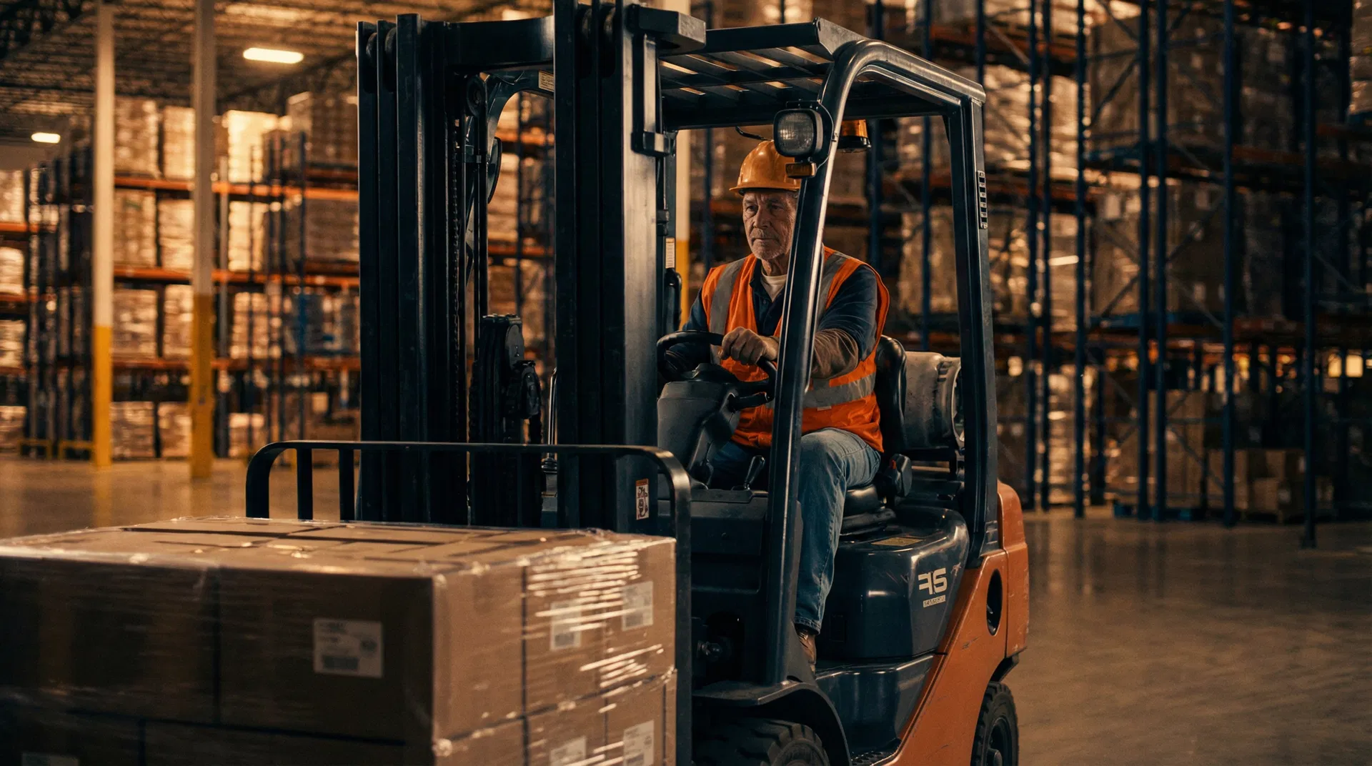 Experienced forklift operator in safety vest and hard hat operating a sit-down counterbalance forklift inside a large modern warehouse near Blue Island Illinois south suburban Chicago