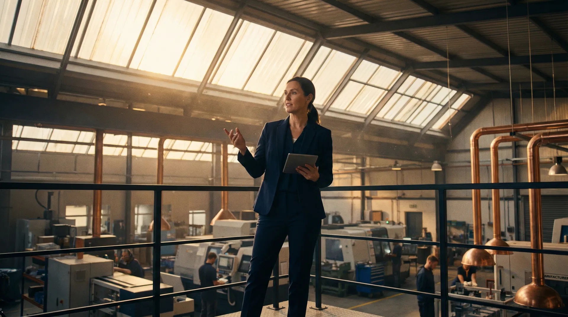 Plant manager overseeing manufacturing operations from mezzanine in Blue Island IL facility