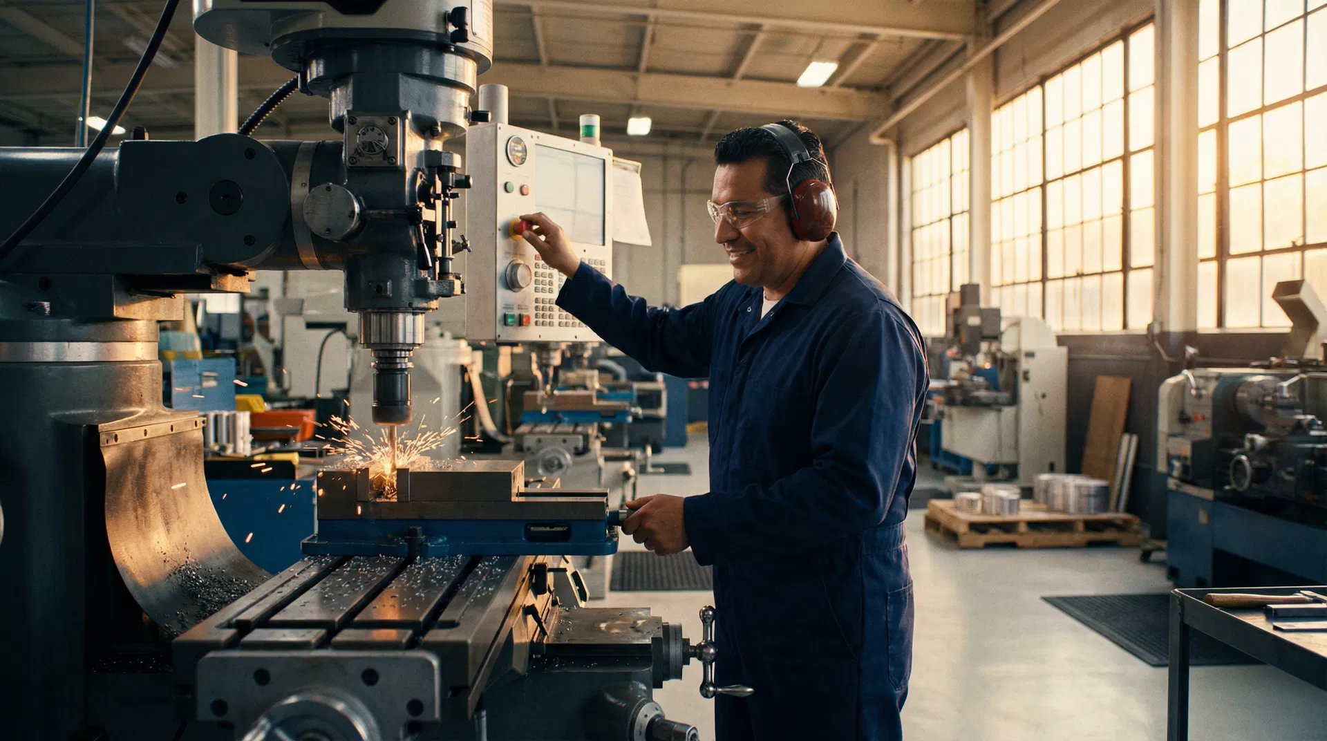 Machine operator at CNC milling machine in Blue Island IL manufacturing facility