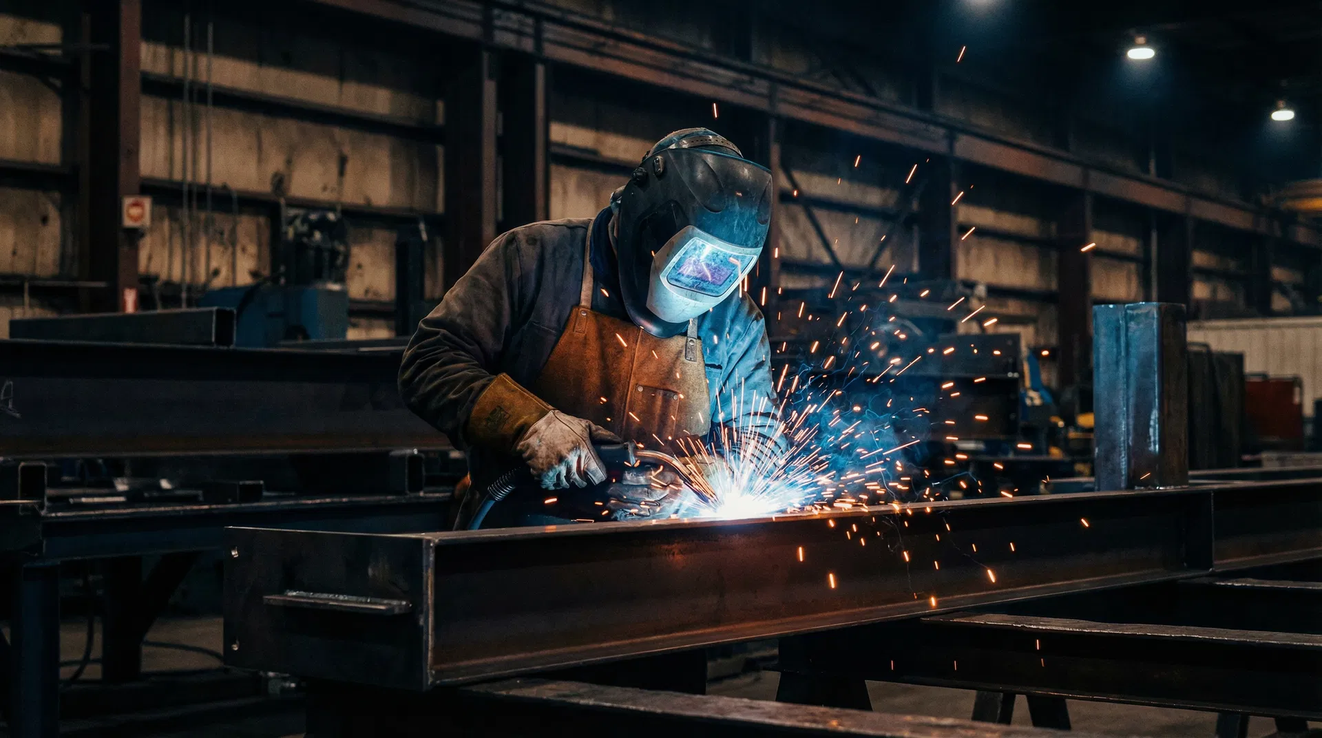 Skilled welder in full welding helmet and protective gear working with a MIG welder, bright arc sparks flying in a dark industrial manufacturing facility near Blue Island Illinois south suburban Chicago