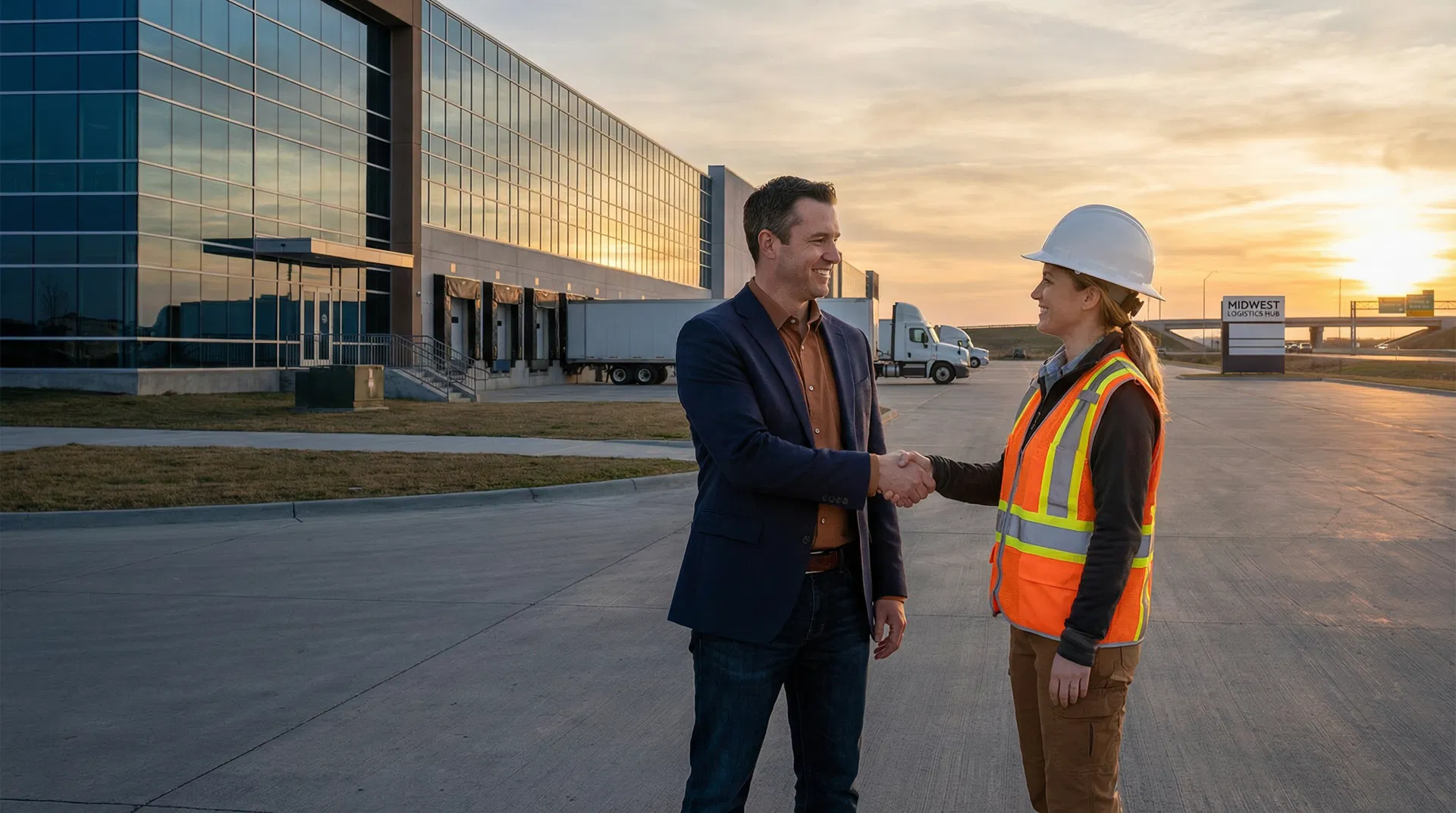 Recruiter and warehouse worker shaking hands outside a modern distribution facility near Calumet City IL at golden hour