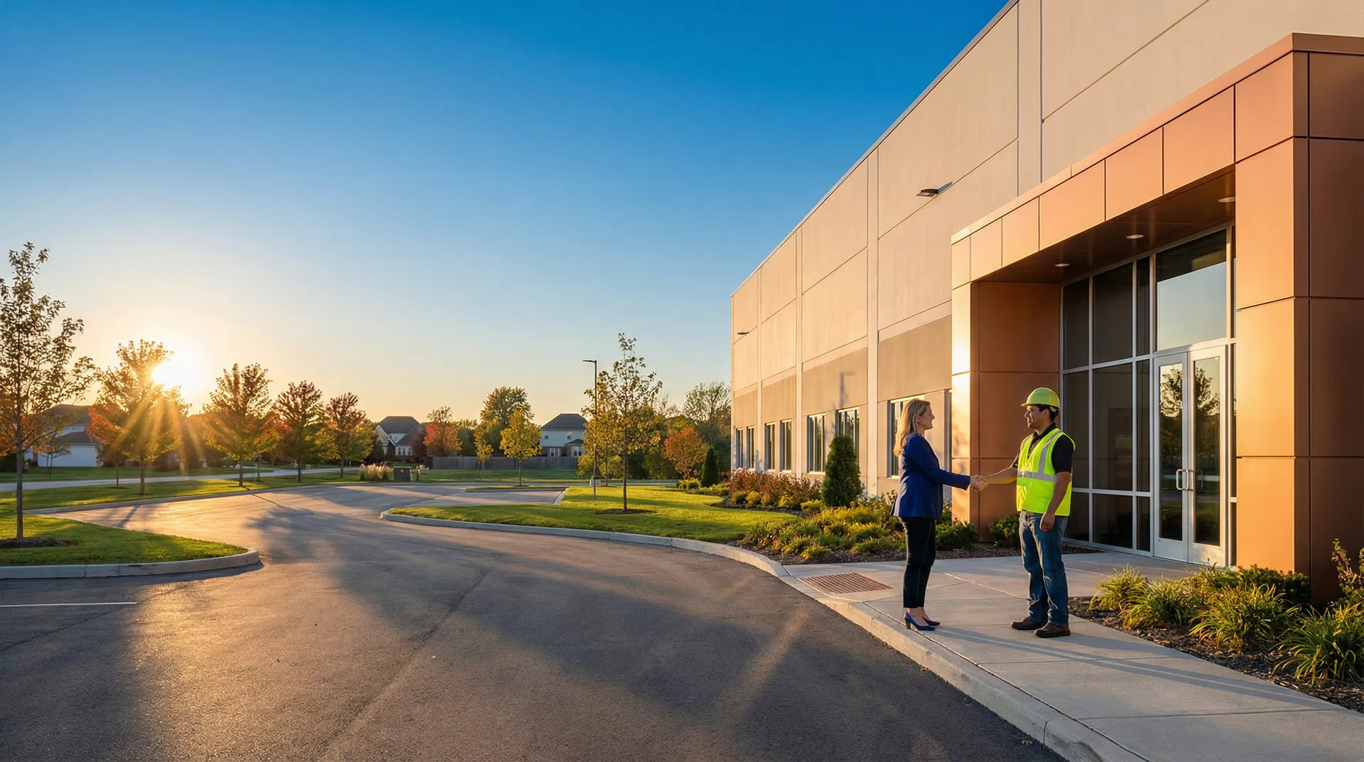 Recruiter shaking hands with warehouse worker at modern industrial facility near Dyer IN at golden hour