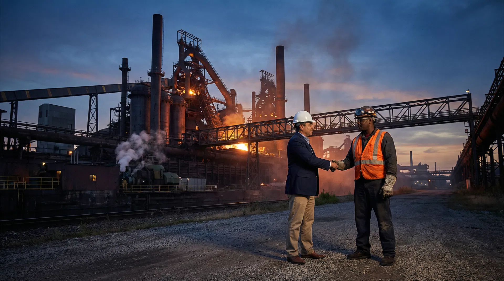 Recruiter shaking hands with steelworker in front of East Chicago Indiana steel plant at dusk
