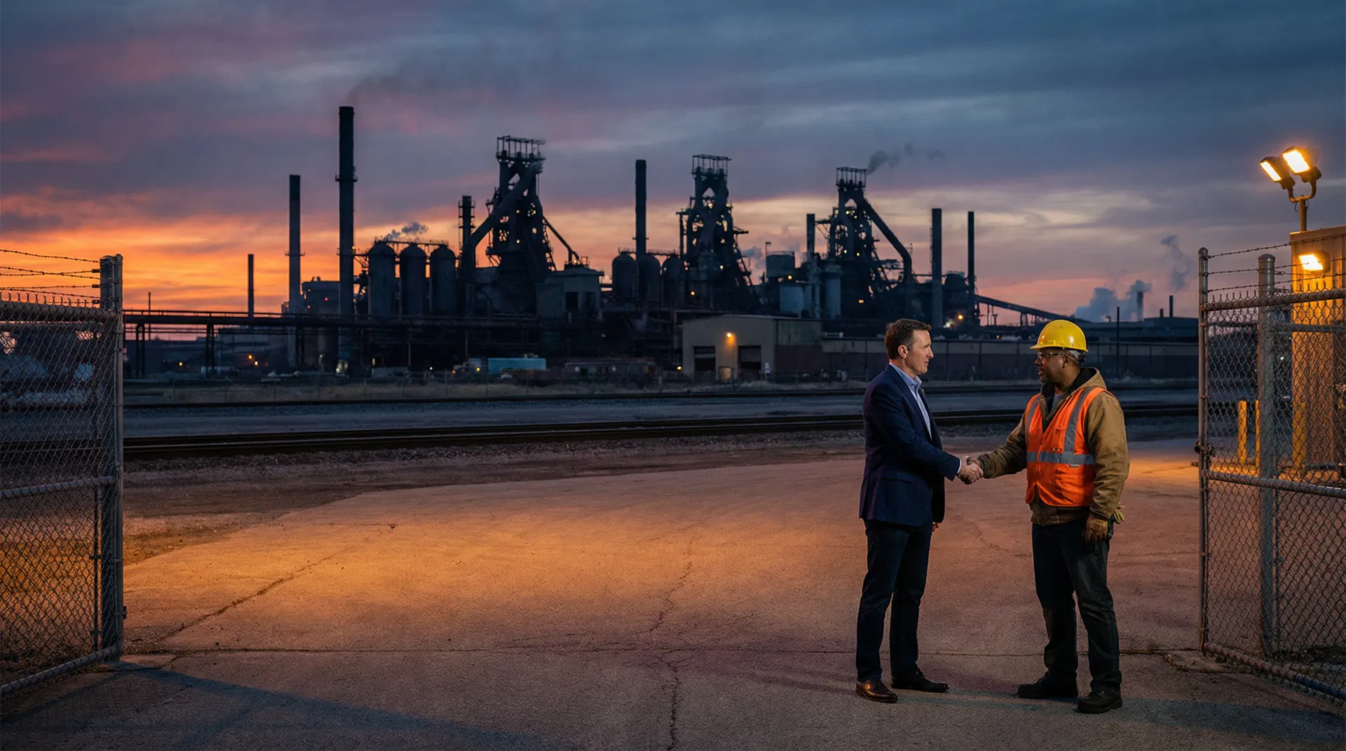Recruiter and industrial worker shaking hands in front of Northwest Indiana steel plant near Gary IN