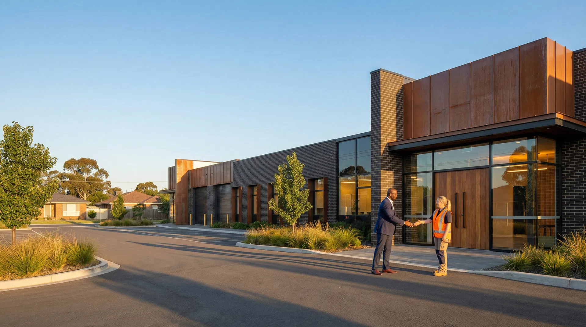 Recruiter shaking hands with warehouse worker at modern industrial facility near Griffith IN at golden hour
