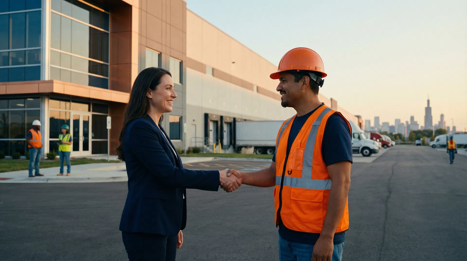 Recruiter and worker shaking hands outside a Hammond Indiana industrial facility