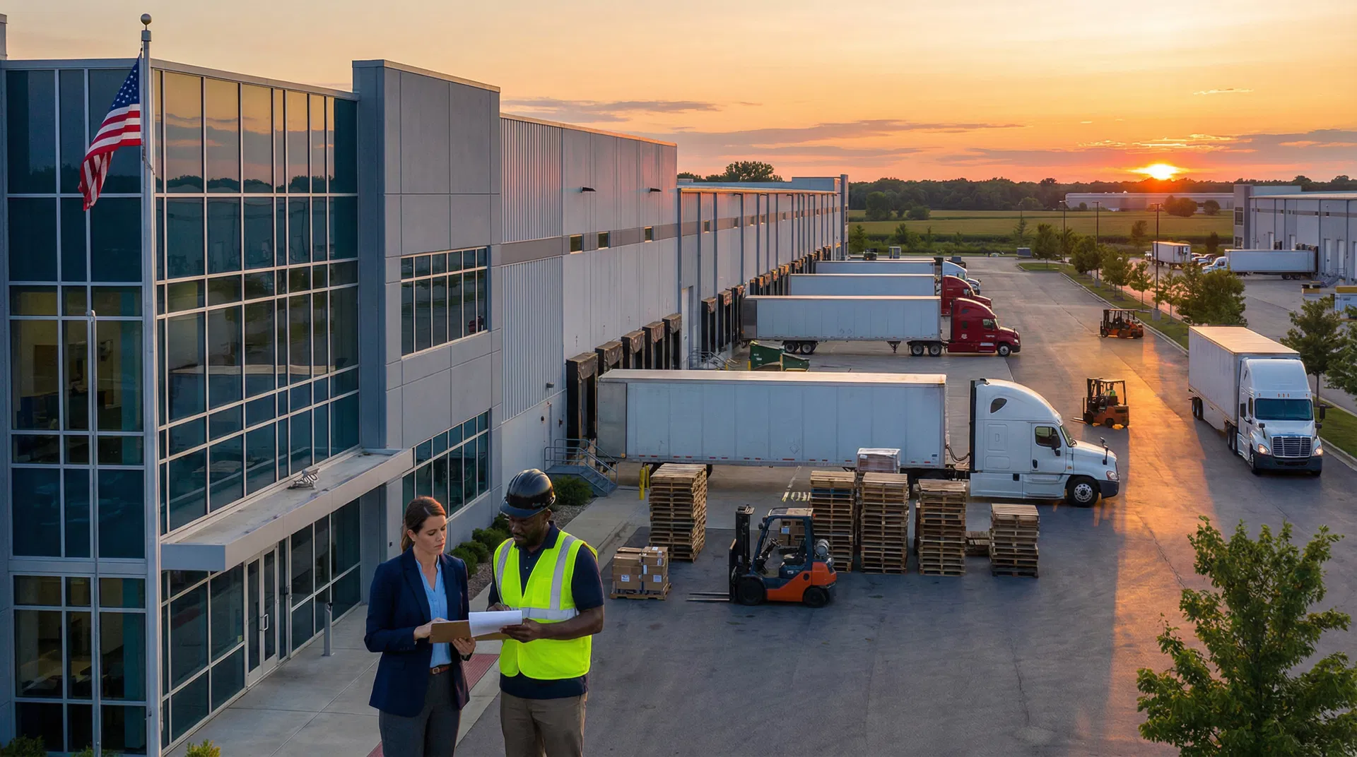 Recruiter and warehouse worker reviewing clipboard at south suburban Chicago distribution facility near Harvey IL