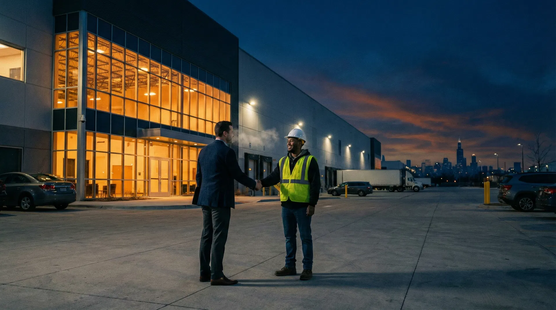Light industrial recruiter and worker shaking hands outside a Chicago-area warehouse