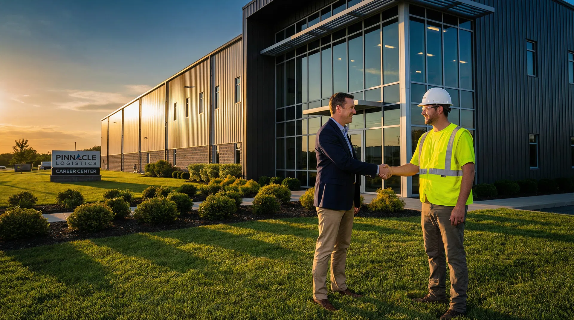 Professional recruiter shaking hands with warehouse worker outside a modern light industrial facility in Munster Indiana at golden hour