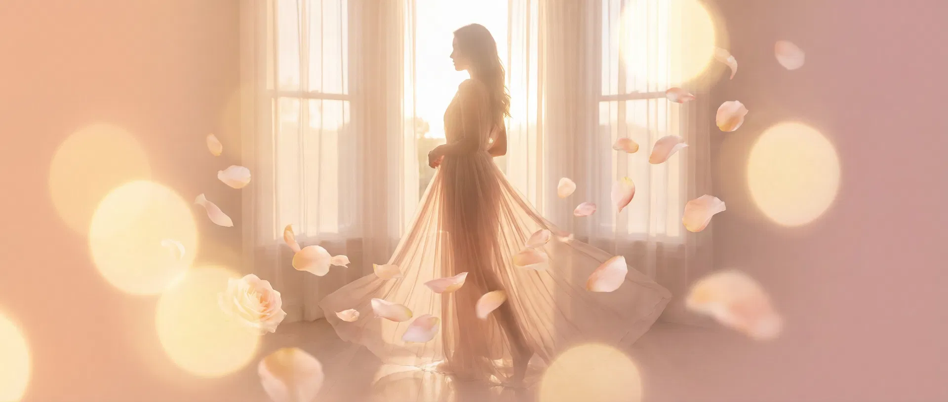 A radiant woman in a flowing gown surrounded by rose petals and golden light, representing the Glow Goddess brand