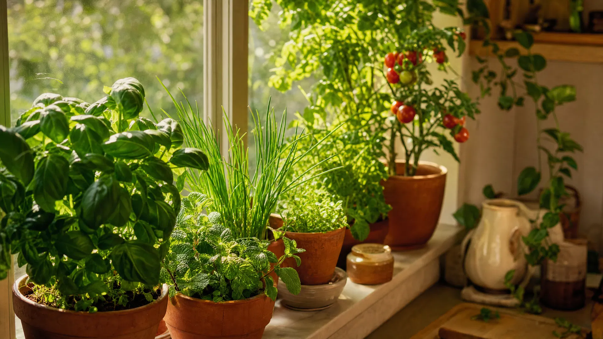 Lush apartment windowsill garden with herbs and cherry tomatoes in terracotta pots