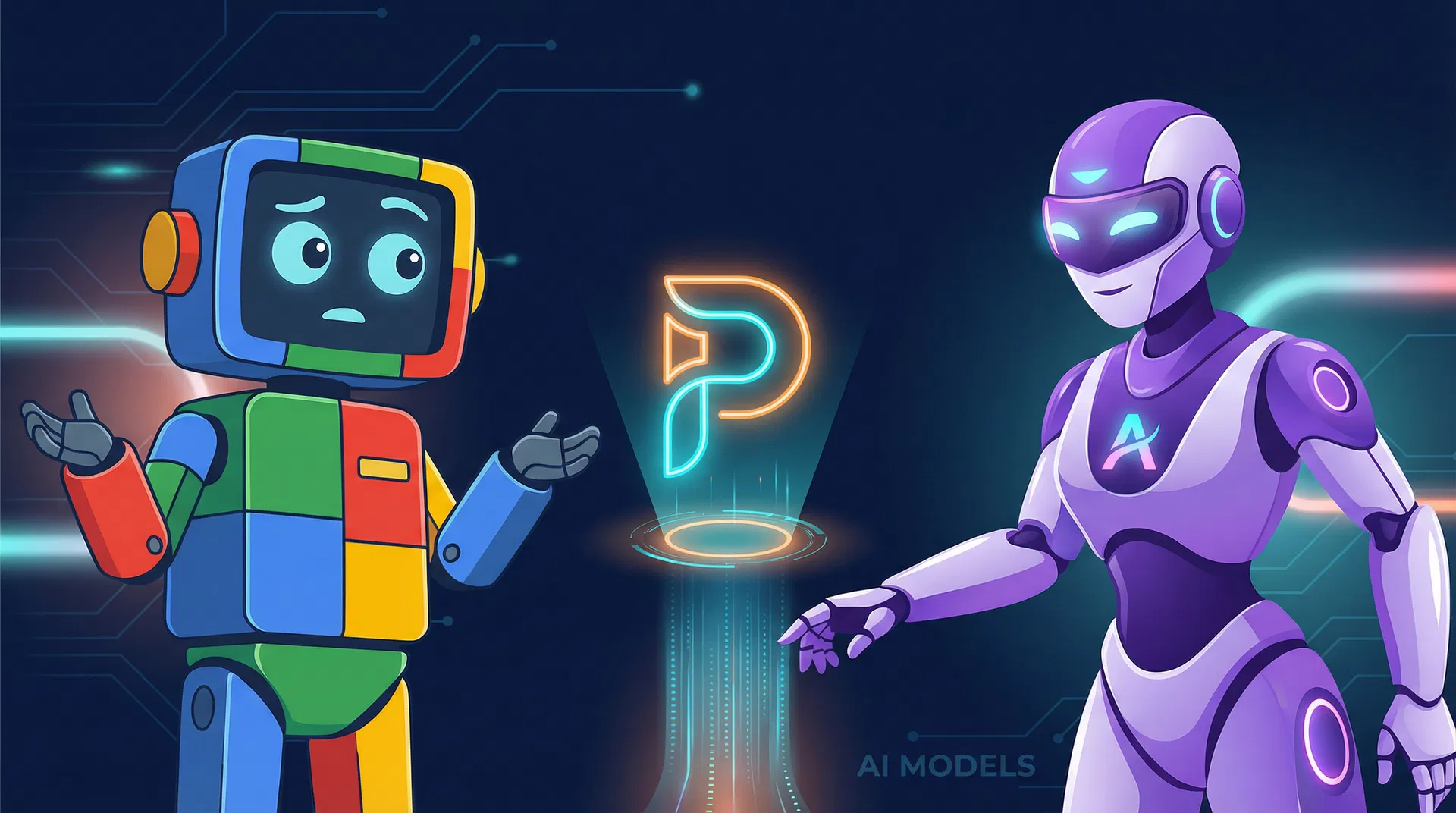 Google Gemini robot and Claude/Anthropic robot facing each other with Perplexity logo between them